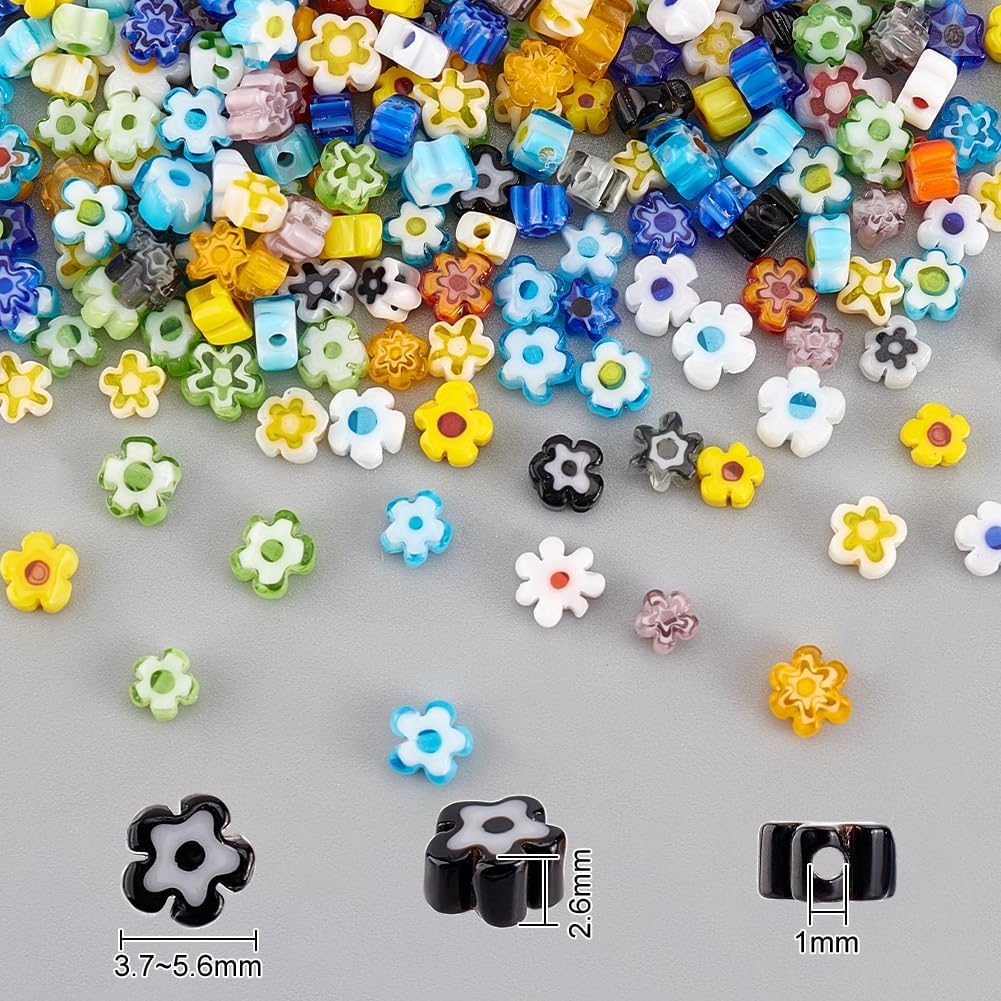 OLYCRAFT About 264~330 Pcs Millefiori Lampwork Glass Beads 3.7~5.6mm Handmade Flower Millefiori Lampwork Glass Beads 1mm Hole Colorful Flower Spacer Loose Beads for Necklace Jewelry Crafts Making - Image 2