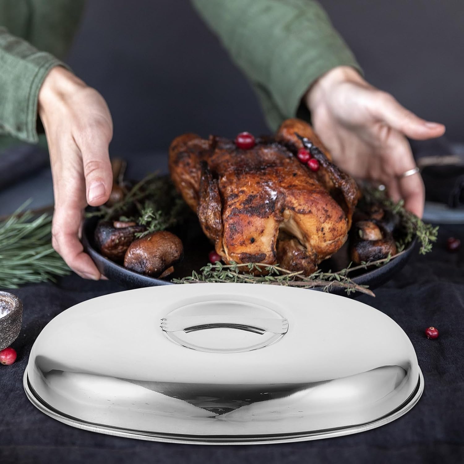 Stainless Steel Steak Cover with Handle, Food Protective Xmas Dome