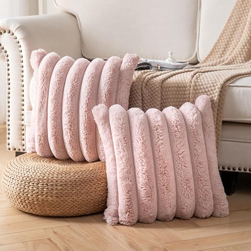 Miniatura 2 de Juego de 2 fundas de almohada de felpa de piel sintética de 16 x 16 pulgadas, fundas de almohada decorativas de lujo, a rayas, suaves y acogedoras