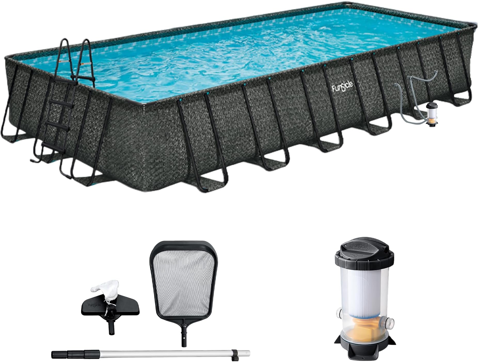 Funsicle Oasis Designer Lap 24' x 12'x 52" Rectangular Above Ground Swimming Pool, with FiltraBoost 1200 GPH Filter Pump, Ladder, Maintenance Kit, Cover, Ground Cloth & Repair Patch, Dark Herringbone