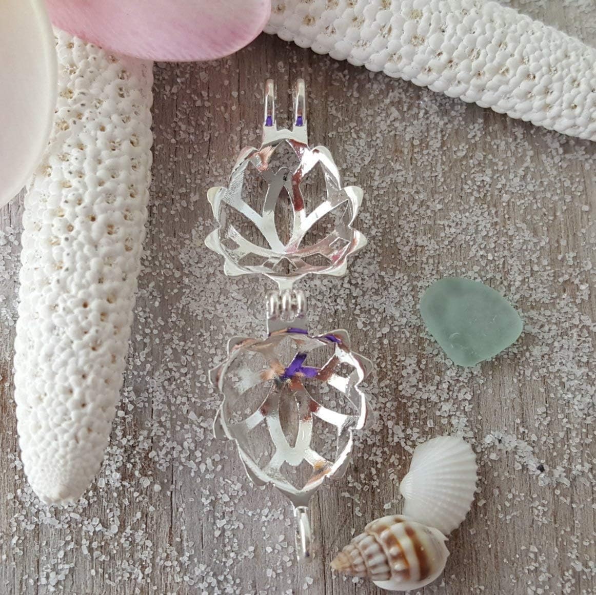 Hawaii jewelry,"Yoga Jewelry" Lotus locket with a piece of natural sea glass necklace, (Hawaii Gift Wrapped, Customizable Gift Message)
