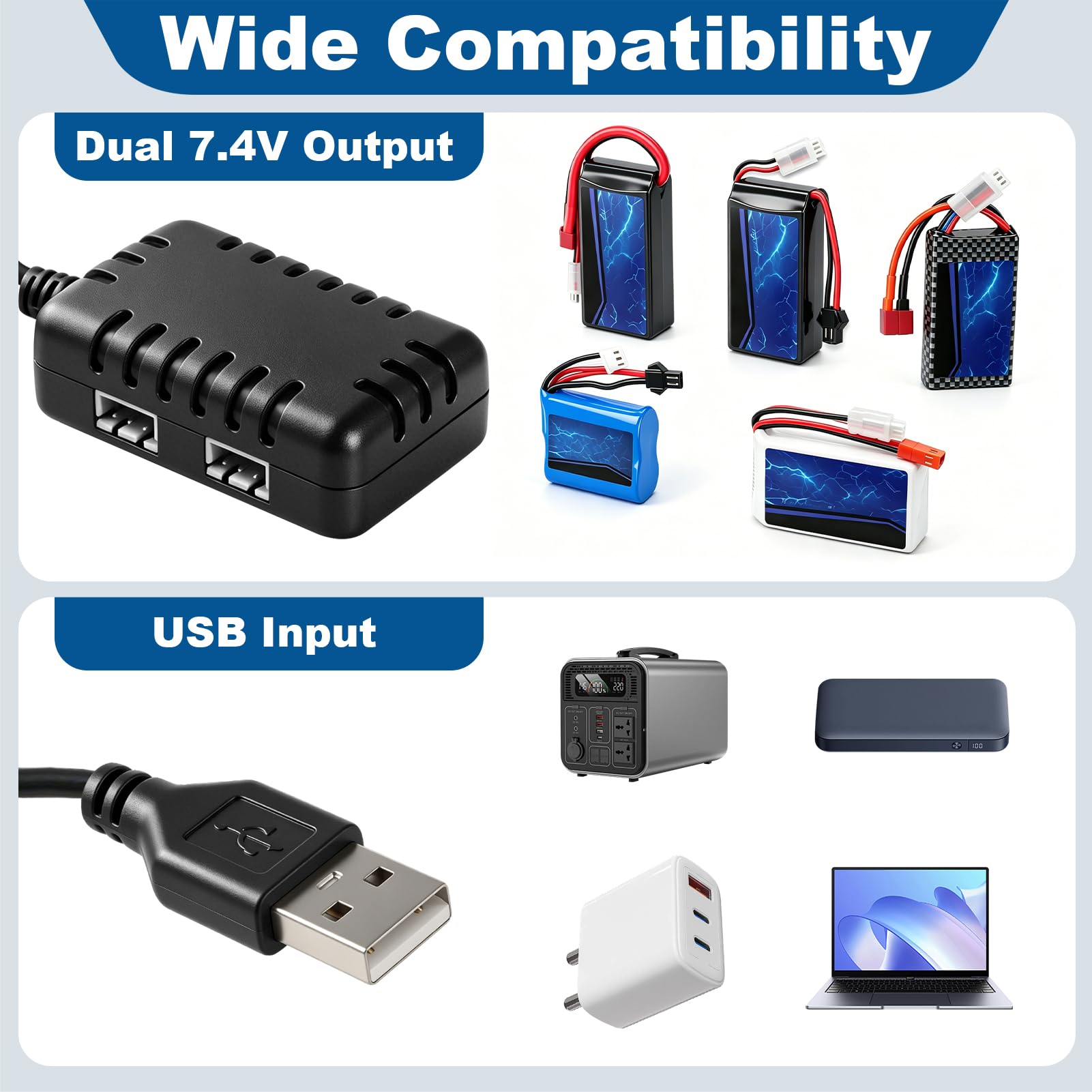 Cable Cargador 2S 7.4V 1A USB 1 a 2 para SCX24 RC, Cargador LiPo con Conector XH-3PIN, Cable Balanceador Carga Rápida y Segura para Barco Axial SCX10 Coche RC Drone Quadcopter — view 2