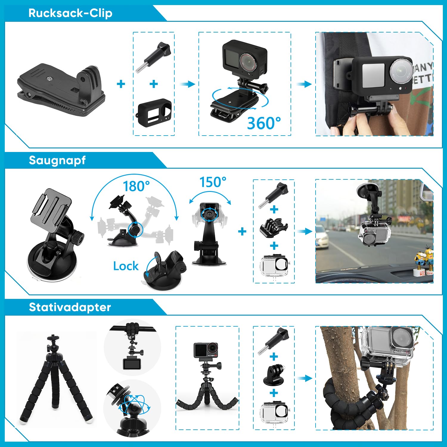 oGoDeal Kit d'accessoires pour DJI Osmo Action 5 Pro/4/3, étui de Protection étanche avec Tuba Accessoires de vélo Barre à Selfie Sangle de tête pour DJI Osmo