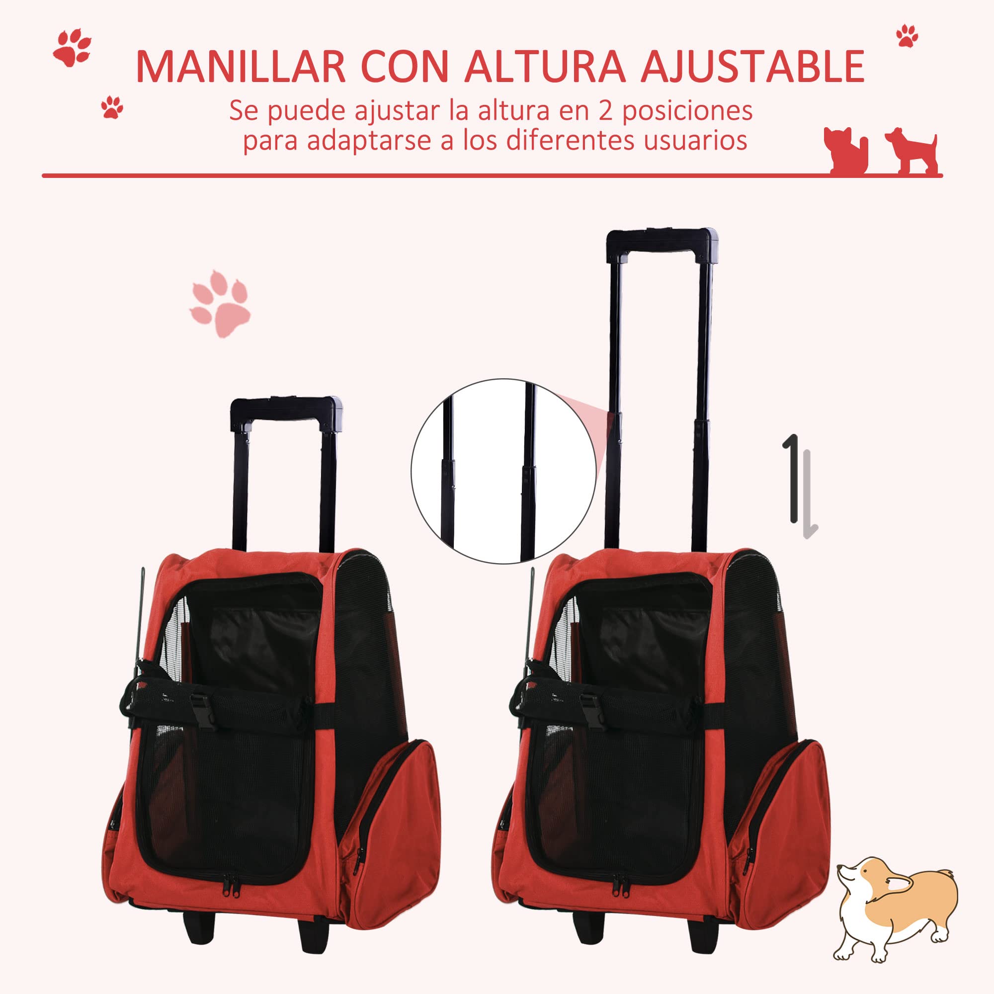 PawHut Transportín 2 en 1 para Mascotas Mochila o Carrito de Viaje para Perro y Gato con 2 Ruedas con Asa retráctil de Aluminio y Bolsillos 42x25x55 cm Rojo