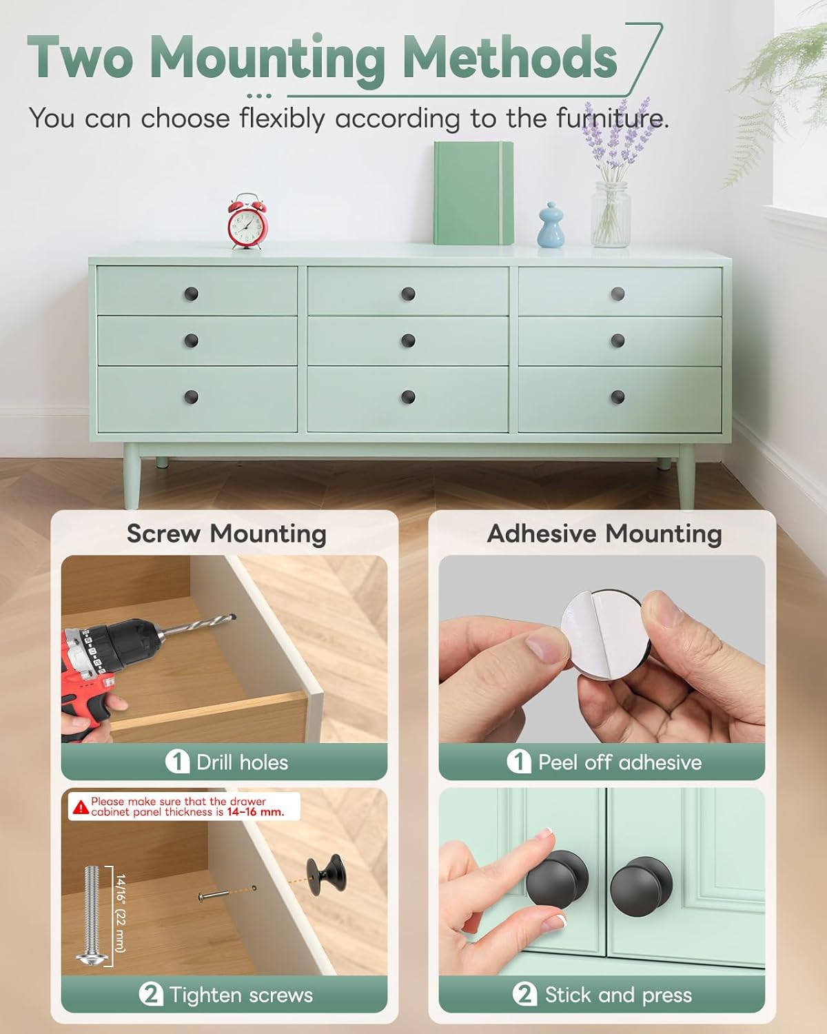 16-Pack Adhesive Drawer Knobs, Aluminum Alloy Stick on Cabinet Pulls for Kitchen, Bathroom, Wardrobe & Dresser - No Punching Peel and Stick Round Drawer Handle (16, Black)