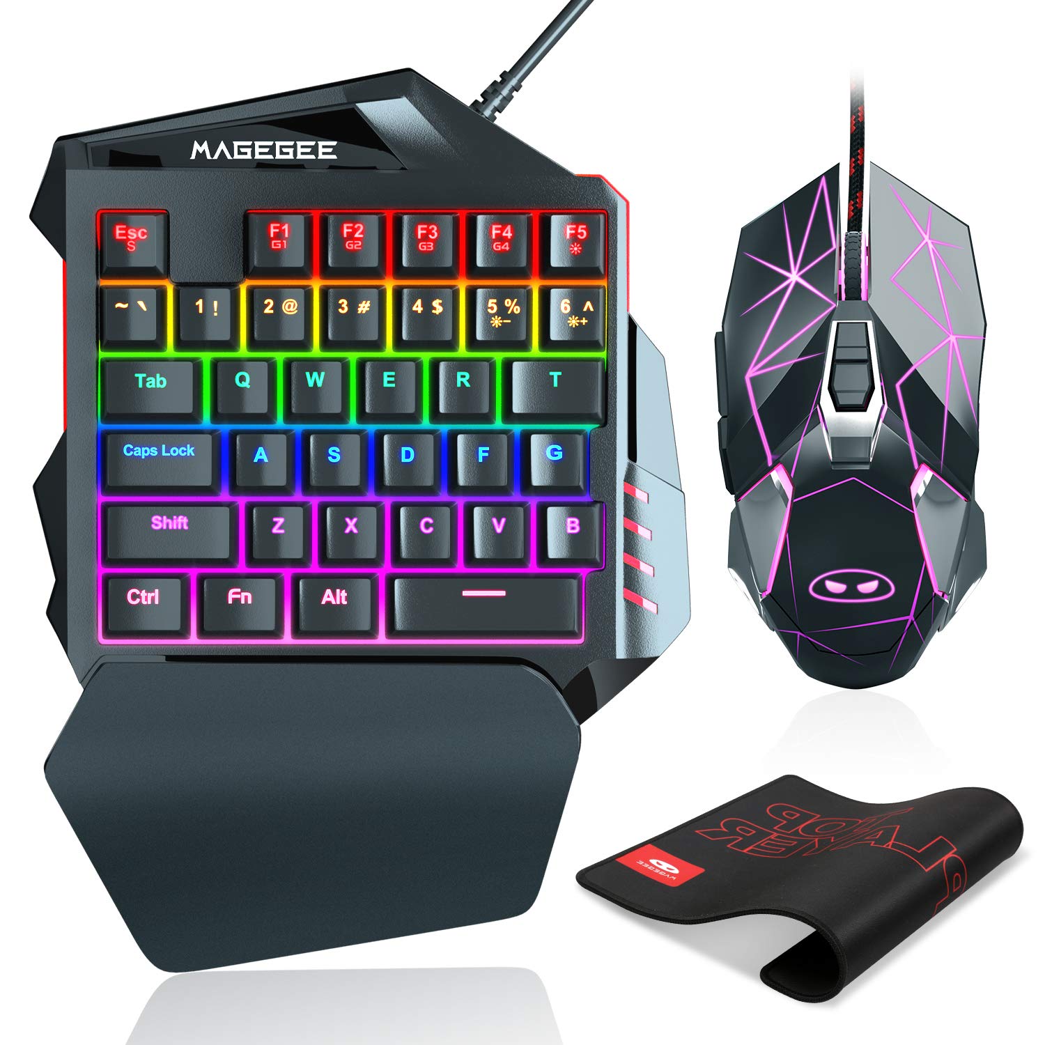 MageGee One-Handed Mechanical Gaming Keyboard and Gaming Mouse, MK-Axe RGB Backlight Portable Mini Gaming Keypad with Wrist Rest Blue Switches,100% Anti-Ghosting for Windows PC Laptop Mac Game