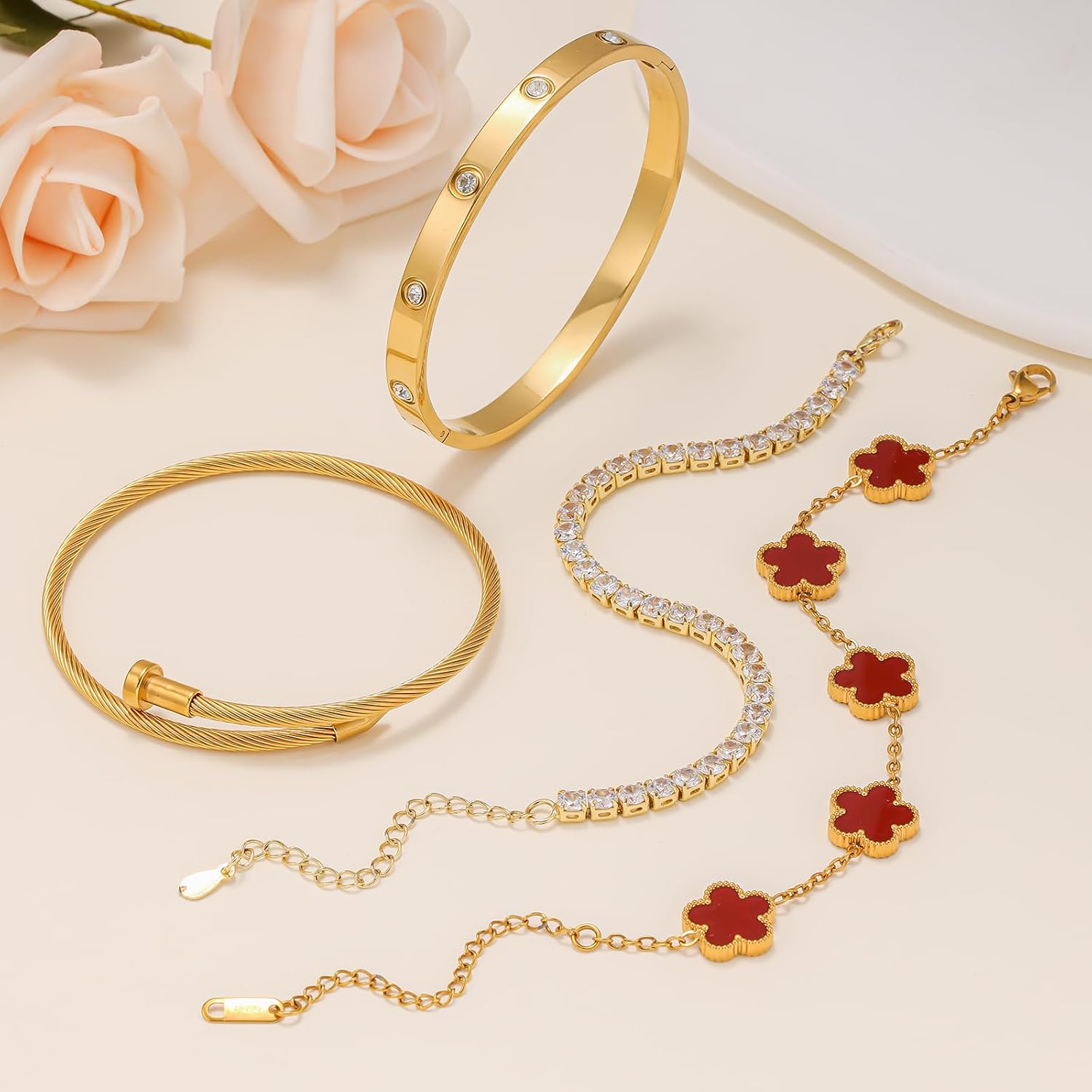 Gold Bracelets for Women, 18K Gold Plated Women Tennis Bracelets Clover Nail Love Bangle Bracelet Set, Gold Bracelet Stackable Set Trendy Jewelry, Gifts for Women's Day and Mother's Day - Image 6