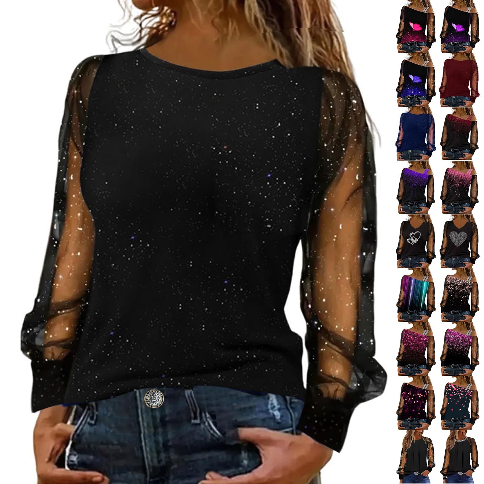 Camisetas festivas para mujer con purpurina y elegantes blusas de manga larga 8