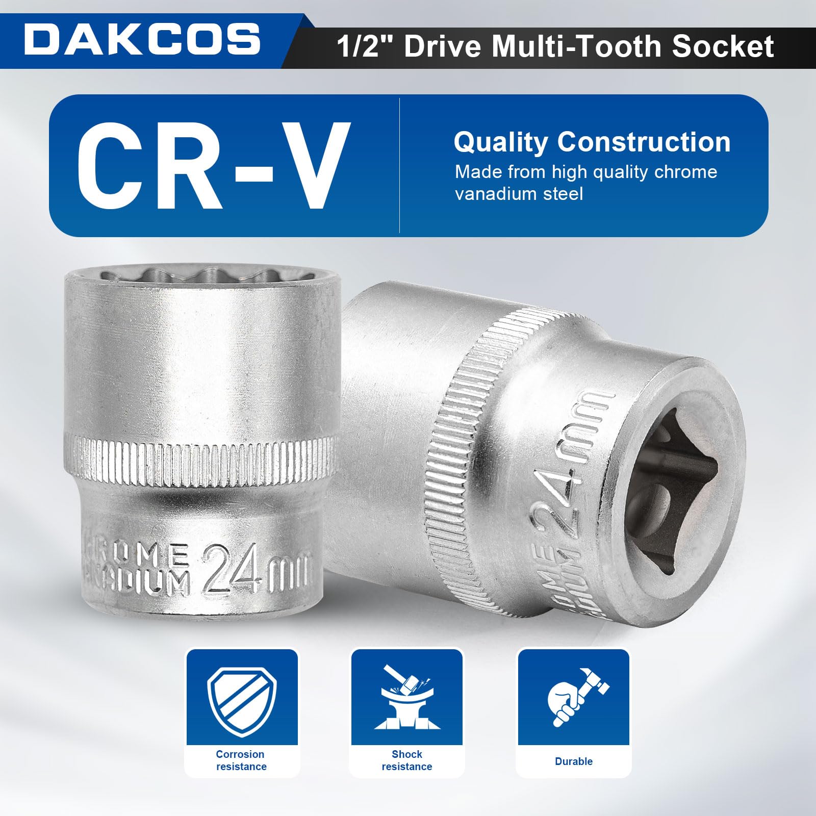 DAKCOS 24mm Spline Socket 1/2" Drive Multi-Tooth 12 Ponit Socket Spanner,CR-V, Mat Chrome Finis - Image 3