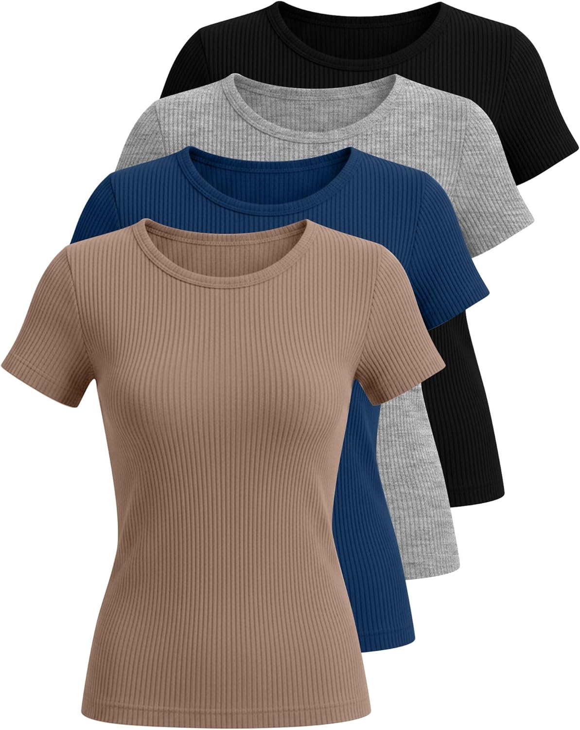 Neer 4 Pack Women's Short Sleeve T-Shirts Cotton Slim Fitted Ribbed Tops Crew Neck Summer Casual Shirt Basic Tight Tees 2026 - Image 3
