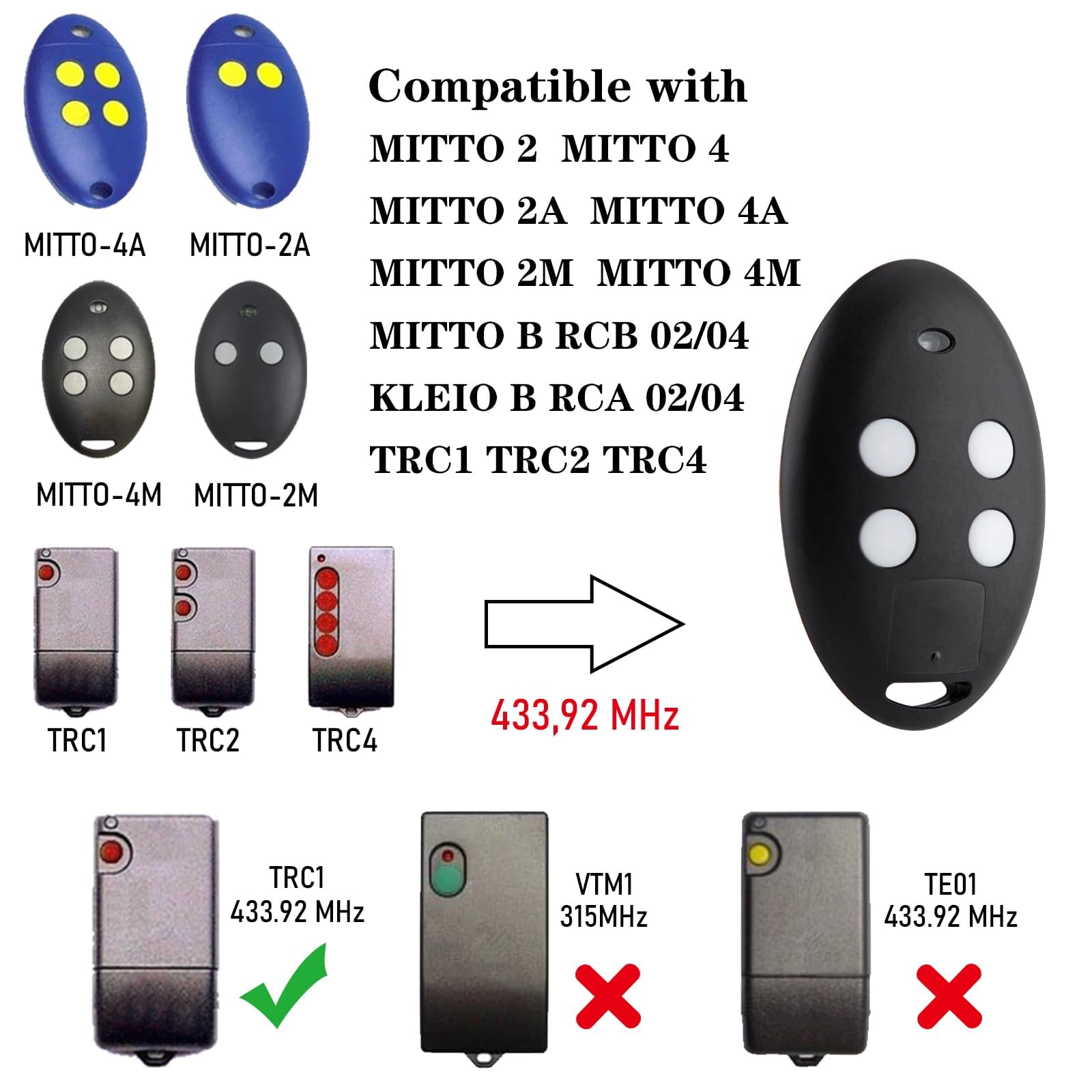 pepape telecomando porta garage per MITTO-4M, MITTO-2M, MITTO 2, MITTO 4, B RCB02, B RCB04, compatibile con 433.92MHz rolling code telecomando di ricambio