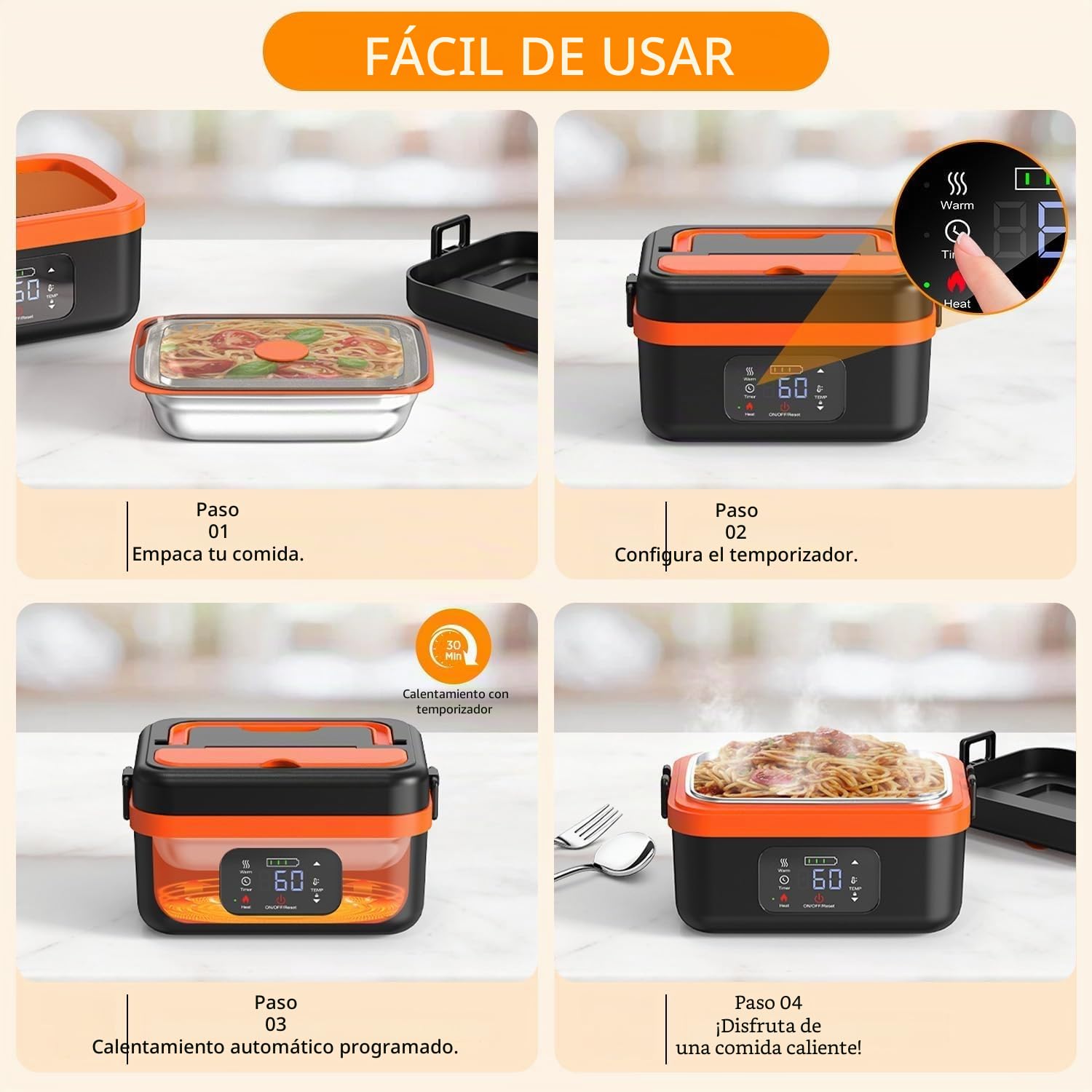 1 L cuenco calefactor, almuerzo caja calefactora para adultos con batería, recargable para almuerzo, caja eléctrica con temporizador y función, con vajilla de acero inoxidable y bolsa isotérmica