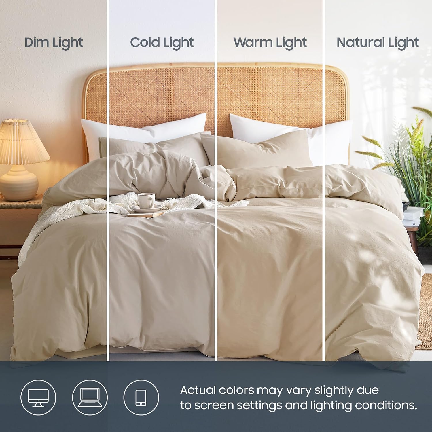 Wake In Cloud - Cotton Duvet Cover Set, Queen Size, Khaki Linen Color, 100% Washed Cotton, Linen Like Textured, Breathable Percale Durable Comfy Farmhouse Neutral Bedding Set, 3 Pieces