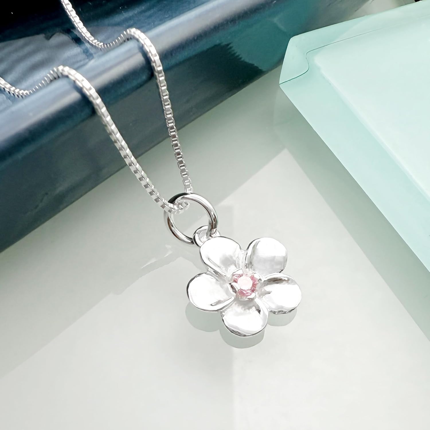 Tiny and Dainty Sterling Silver Flower Necklace for Girls, Flower Pendant with Pink Crystal Necklace, Flower Girl Gift Necklace, 14 inches plus 2-inch extender