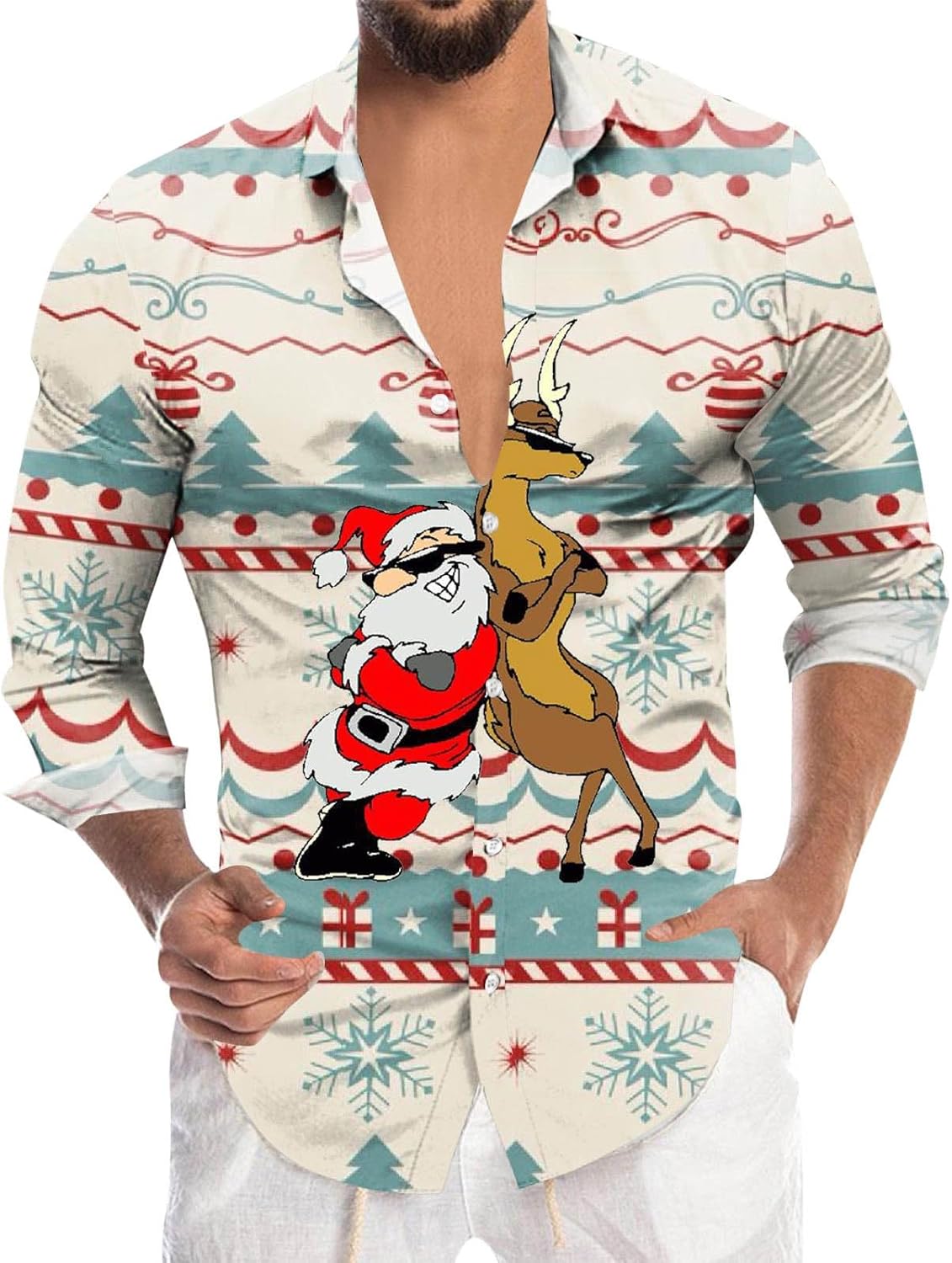 Chemise De Noel Homme Manches Longues Rouge Tee Shirt 3D
