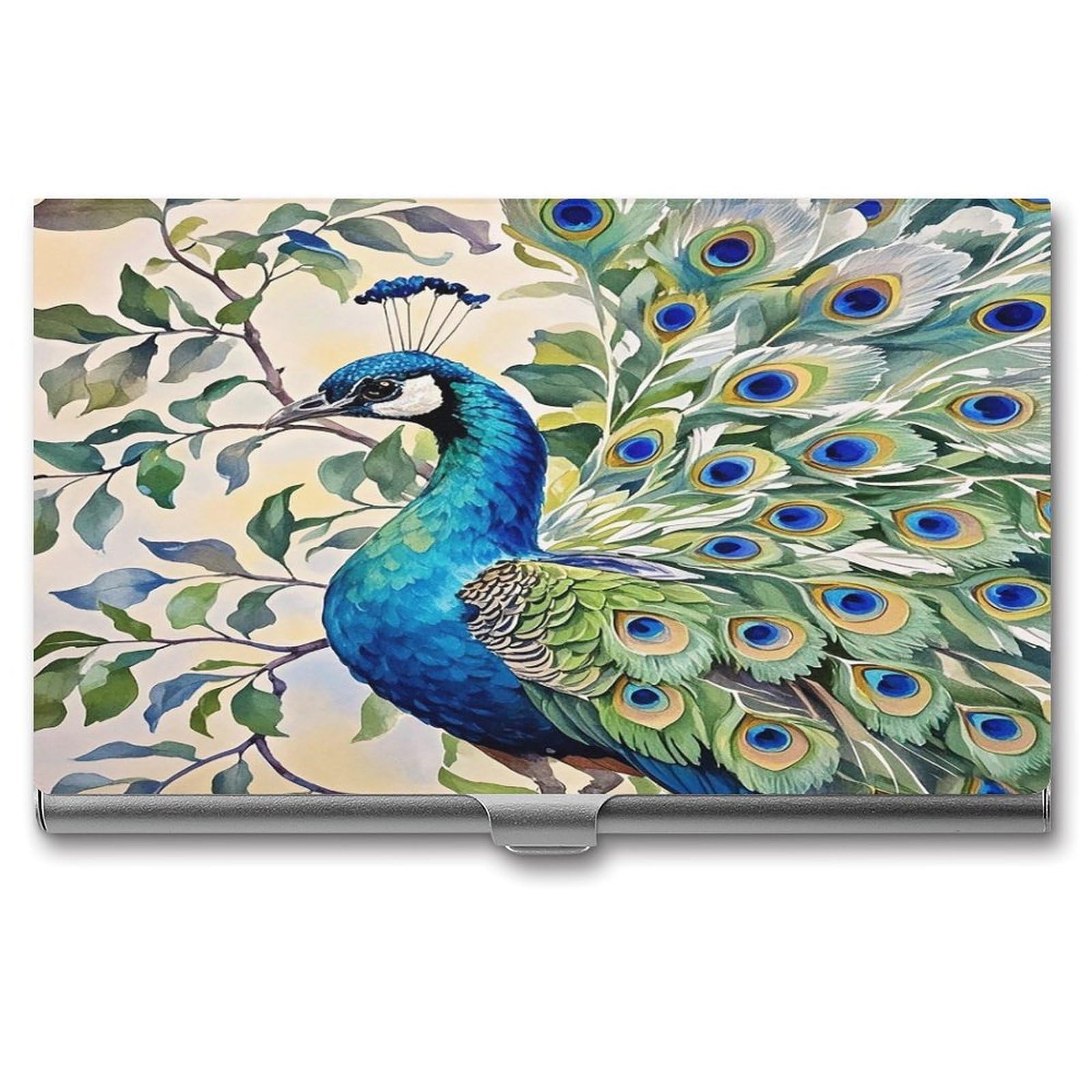 FekiLoot Peacock Watercolor Painting Business Card Holder for Men Women Metal Slim Organizer Business Card Carrier Wallet Name Cards Holder Retro Slim Pocket Purse Small Portable Card Case
