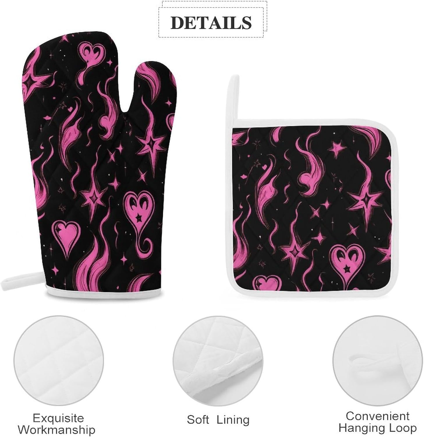 Y2K Flames Hearts Stars Oven Mitts and Pot Holders 4Pcs Set Heat Resistant Cooking Mitts Hot Pads