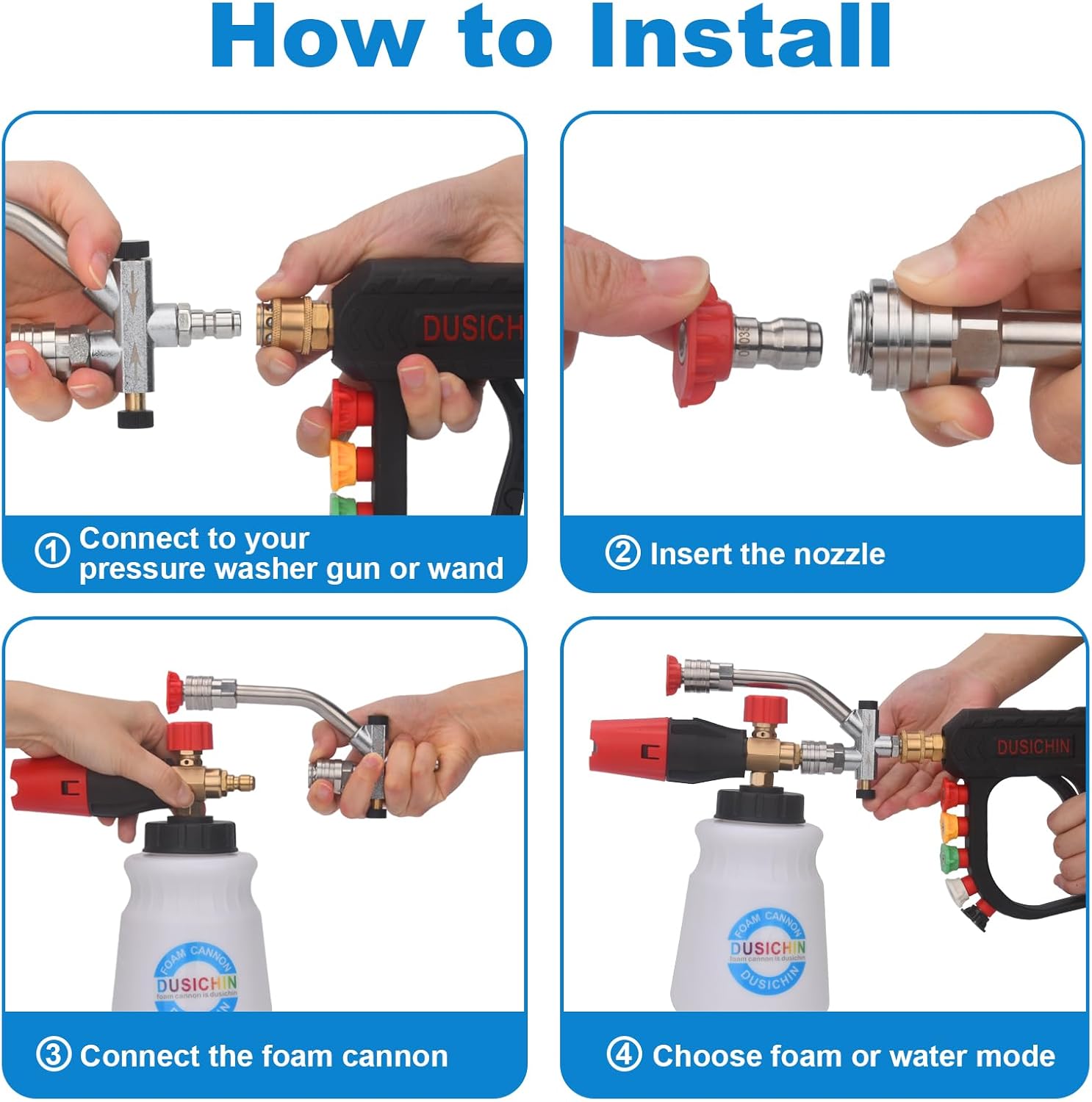 DUSICHIN Pressure Washer Short Gun Foam Cannon 1/4" Quick Connector,Car Wash Foam Gun Kit Dual Connector Accessory,Double Tip Attachment For Soap Cannon with 5 Nozzle Tips DUS2501