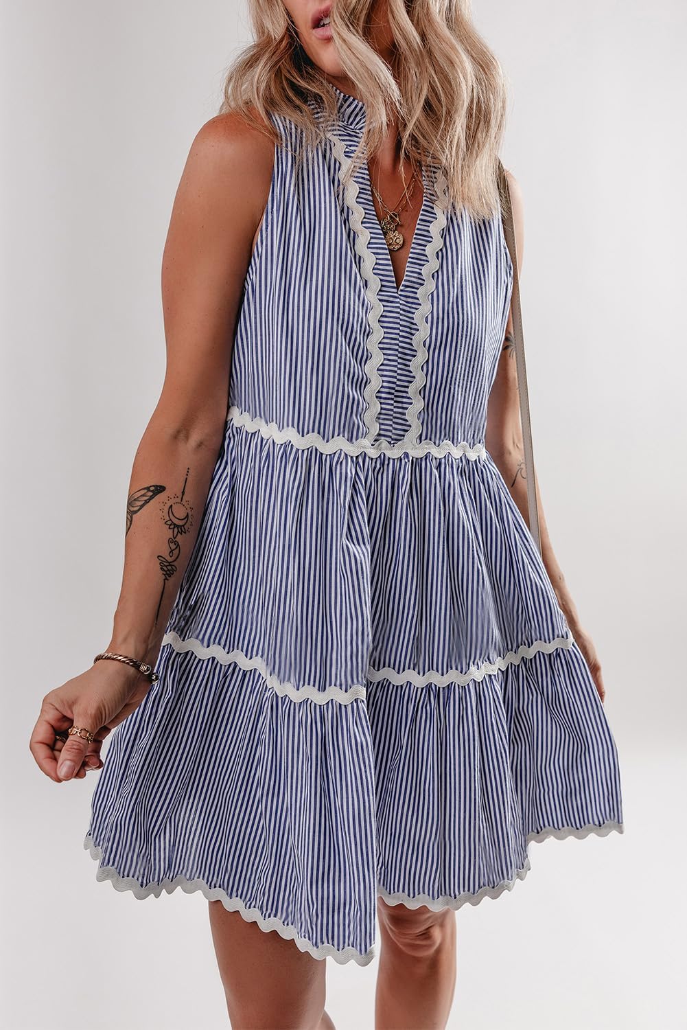 Women's Blue Stripe Sleeveless Mini Dress with Notched V Neck and Contrast RIC Rac Trim