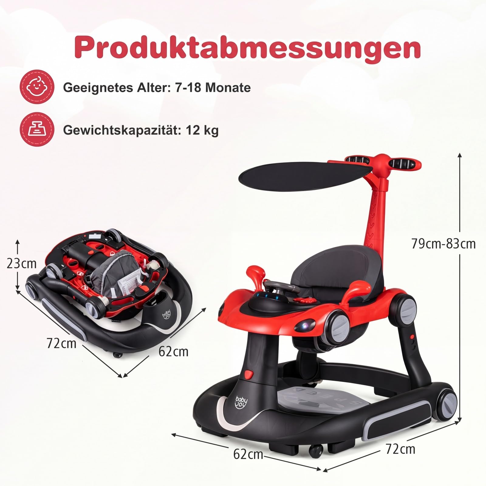 GIANTEX 7 en 1 Trotteur Bébé, Trotteur Marche Bebe Évolutif Pliable, 3 Hauteur Réglable, Capote&Tapis de Saut Amovibles, Roues Contrôle Vitesse et Sonores&Lumière, 7-18 Mois, Charge 12KG (Noir+Rouge)