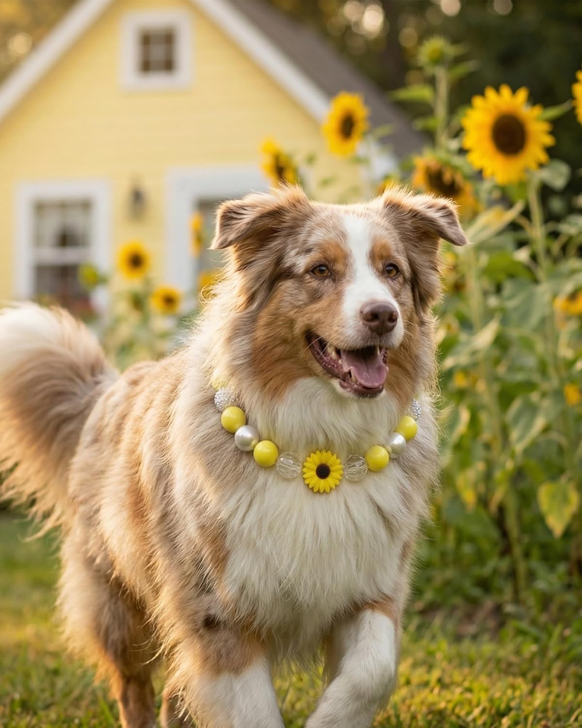 Hosiwei Yellow Daisy Handmade Chunky Pearl Dog Collar Necklace (Beads 20 mm) with Strong Stainless Steel Wire, Adjustable Fashion Collar Accessories for Dogs | Gift for Dog Moms (19" – 21", Daisy)