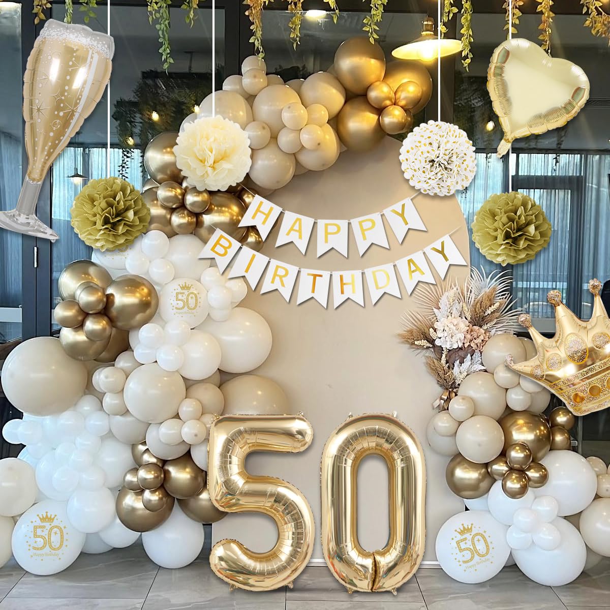 Decorazioni 50° Compleanno Donna, 32 Pezzi Oro Rosa, Kit Festa Compleanno 50 Anni Con Sfondo, Fascia, Palloncini E Topper Torta - 4