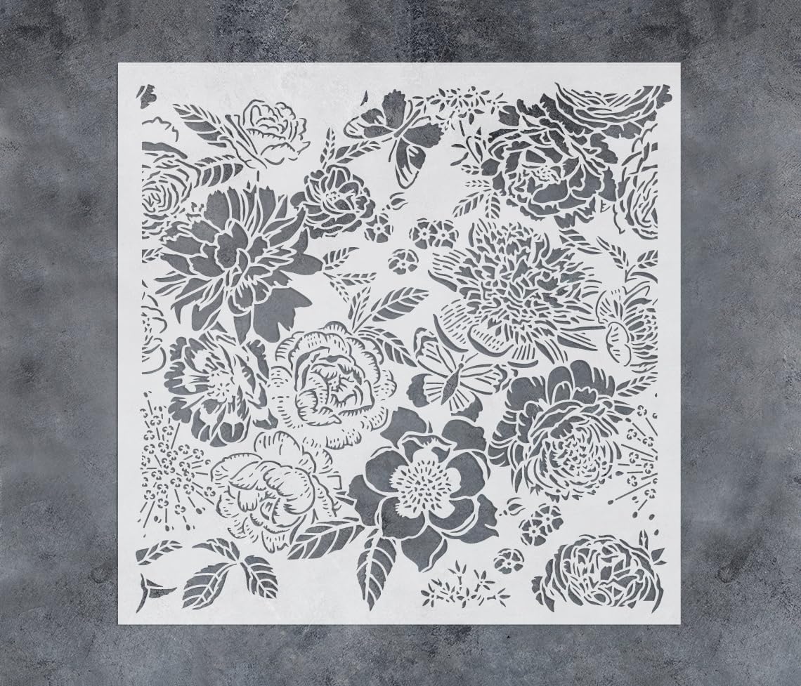 GSS Designs Peonies Wall Stencil 12x12Inch Floral Stencils for Wall Furniture Peony Allover Floral Pattern Stencils for Home Decor