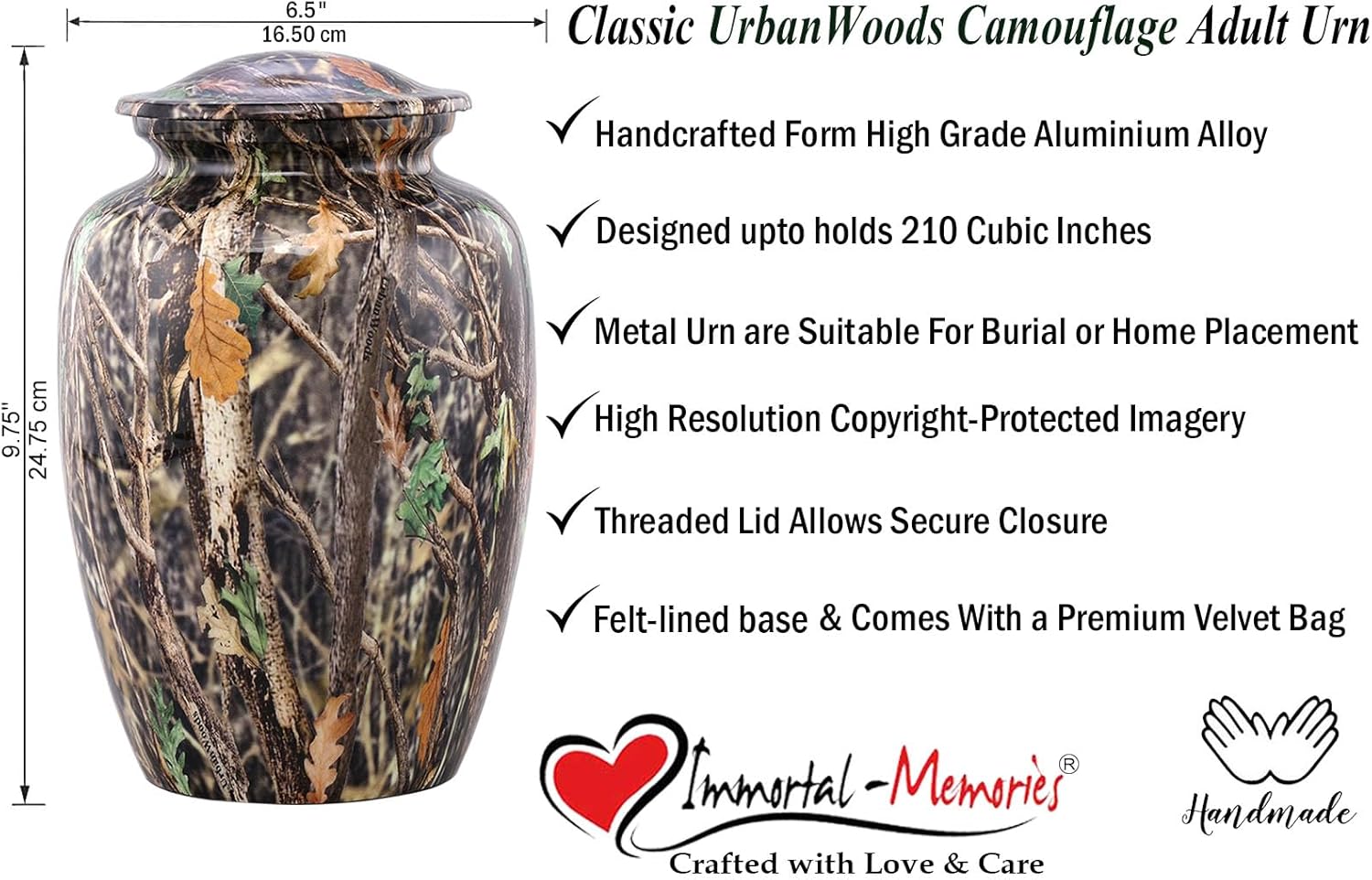 UrbanWoods Camouflage Cremation Urn – Rustic Forest Woodland Camo Design – Tribute for Hunters & Nature Lovers - Full Size Funeral and Memorial Urns for Human Ashes Upto 210 Lbs (Large)