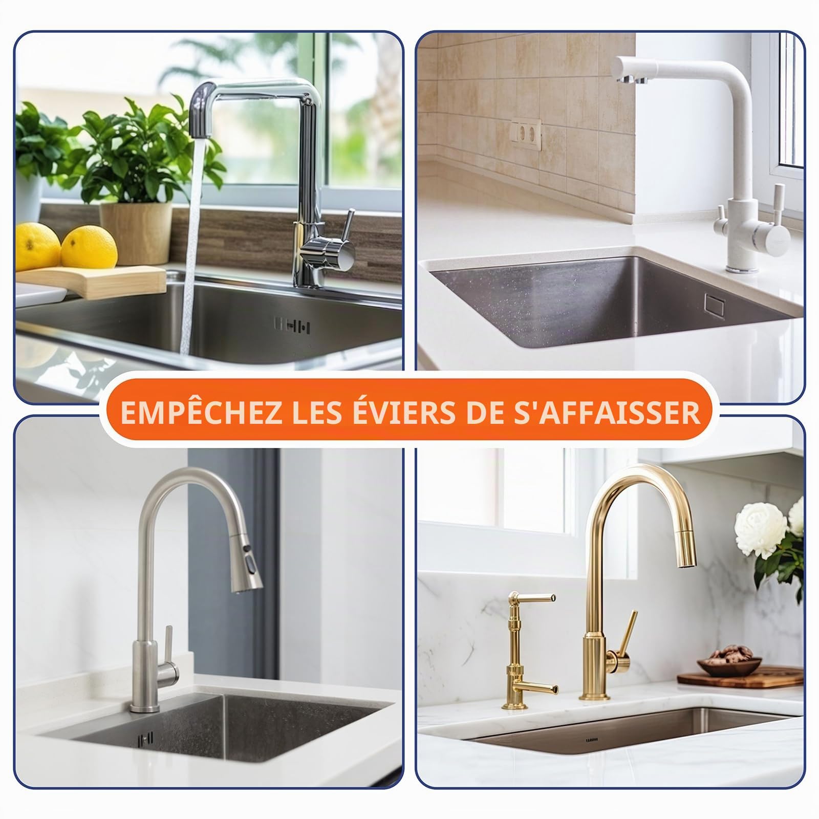 Lot de 4 Support D'Évier Encastré, Réglables Support En Acier Inoxydable, Kit De Support D'Évier Encastré, Système D'Installation Et Réparation Pour Évier De Cuisine