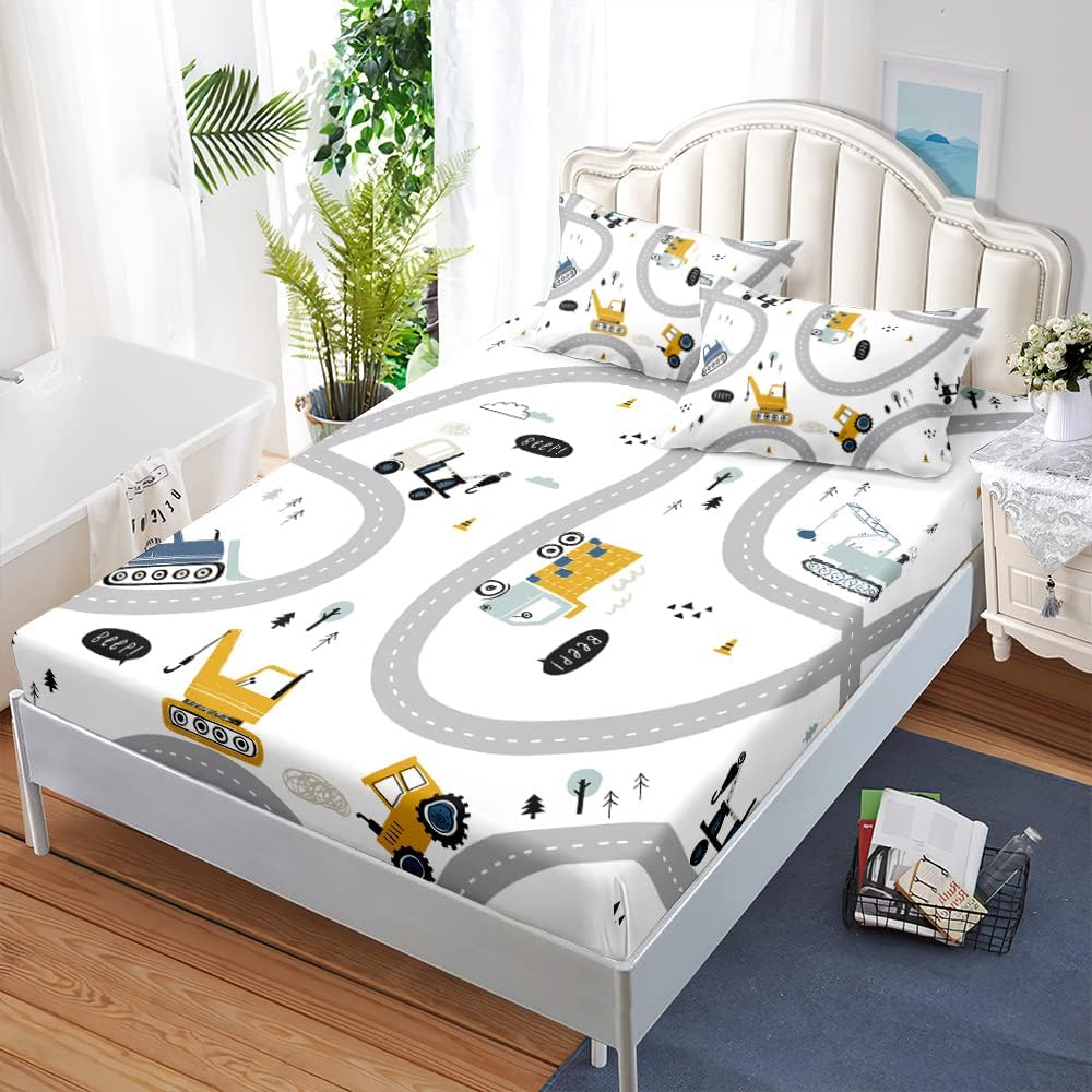 Chickwin Fitted Sheet with Pillowcase, Excavator Print Bed Sheets for Boys Single Double Bed, Soft Microfibre Easy Care Shrinkage Fade Resistant Deep Pocket 40cm (138x190x40cm,Excavator 4)
