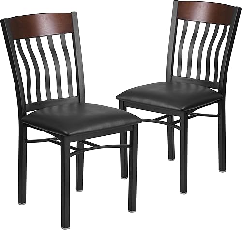 Miniatura 9 de Flash Furniture Eclipse Series Silla de restaurante con respaldo vertical de metal negro y madera de caoba con asiento de vinilo negro