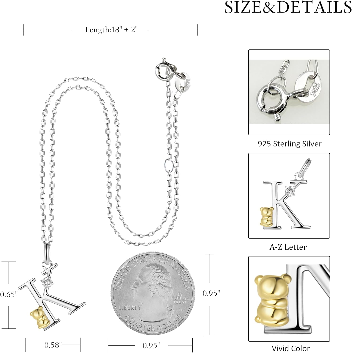 LAB Grown Diamond Silver Initial Necklace for Women A-Z Letter Cute Panda Pendant Necklace Jewelry Gifts