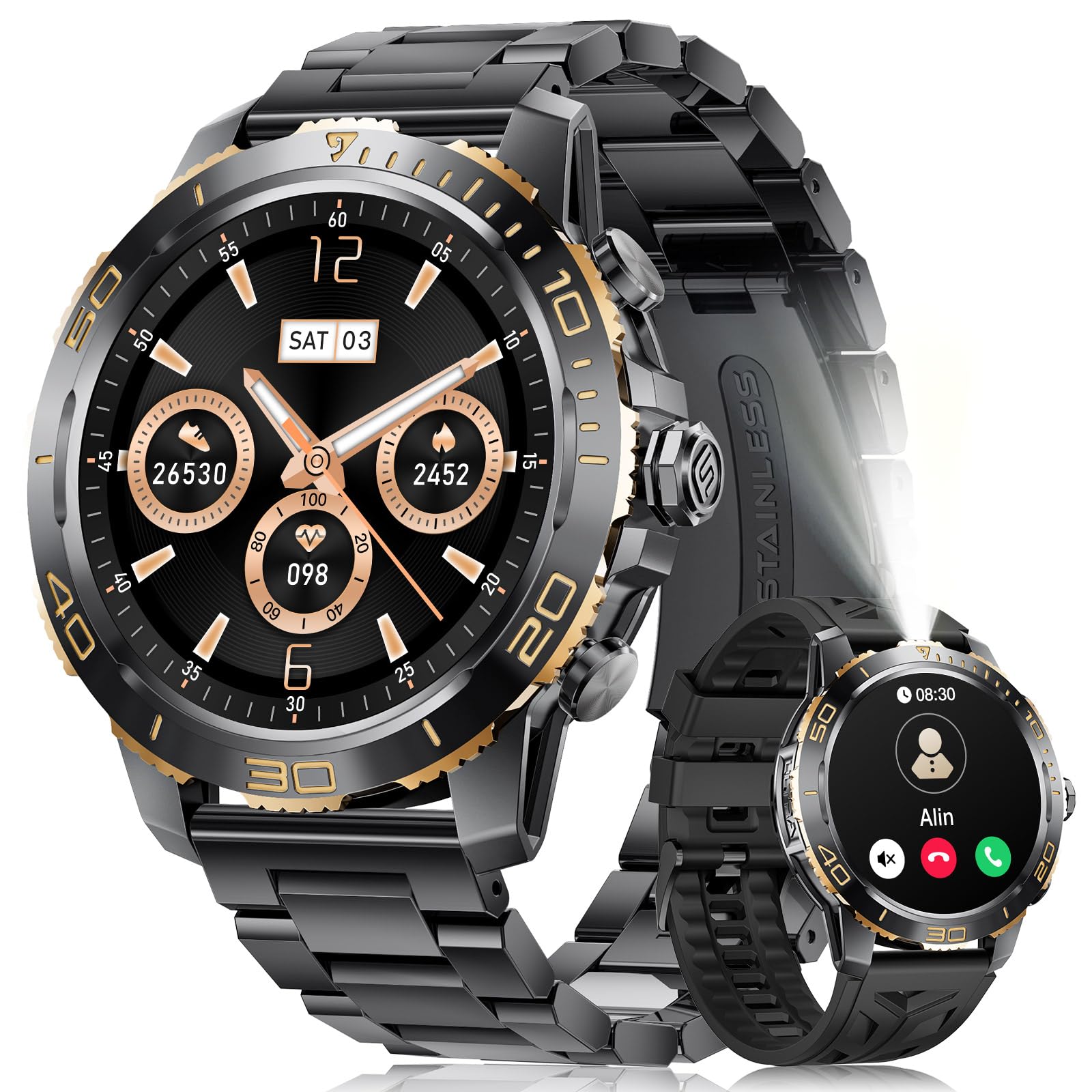 Montre Connectée Homme, 1,43"AMOLED Smartwatch avec Lampe Torche, Appels Bluetooth, 800 mAh, IP68 Étanche, 200+ Modes Sportifs, Suivi de la Fréquence Cardiaque et Sommeil iOS/Android, Noir