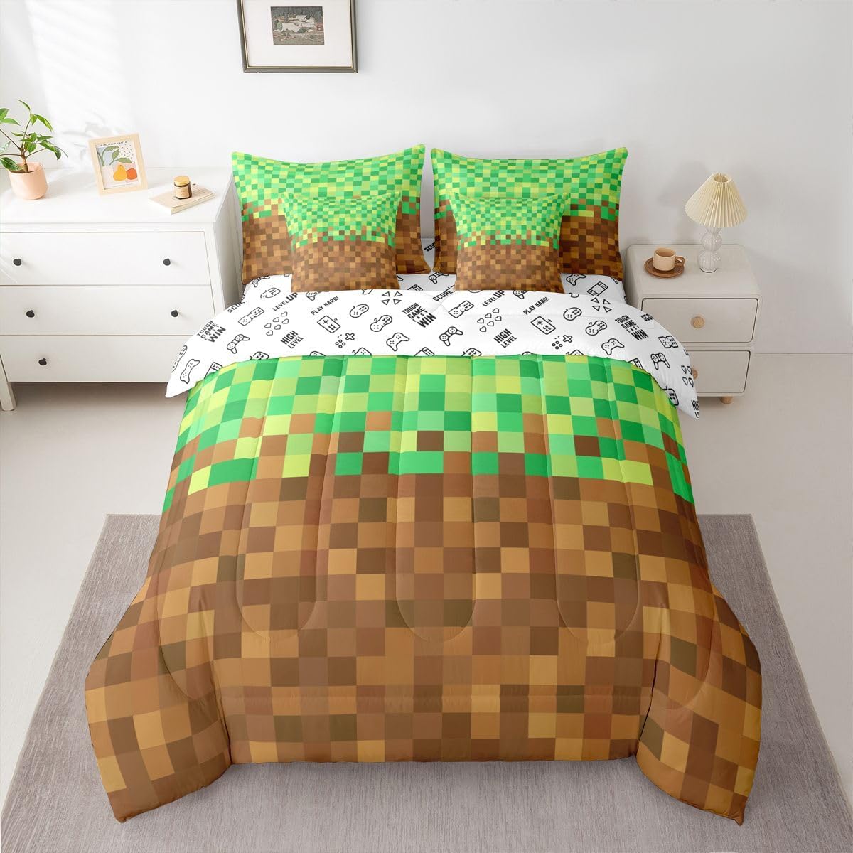 Manfei Pixelated Comforter Set 7 Pcs,Video Games Gamepad Miners Kids Bed Set,Geometric Grid Comforter,Brown Green Bedding Queen with Comforter,Fitted Sheet,Flat Sheet,Pillowcases,Pillow Covers