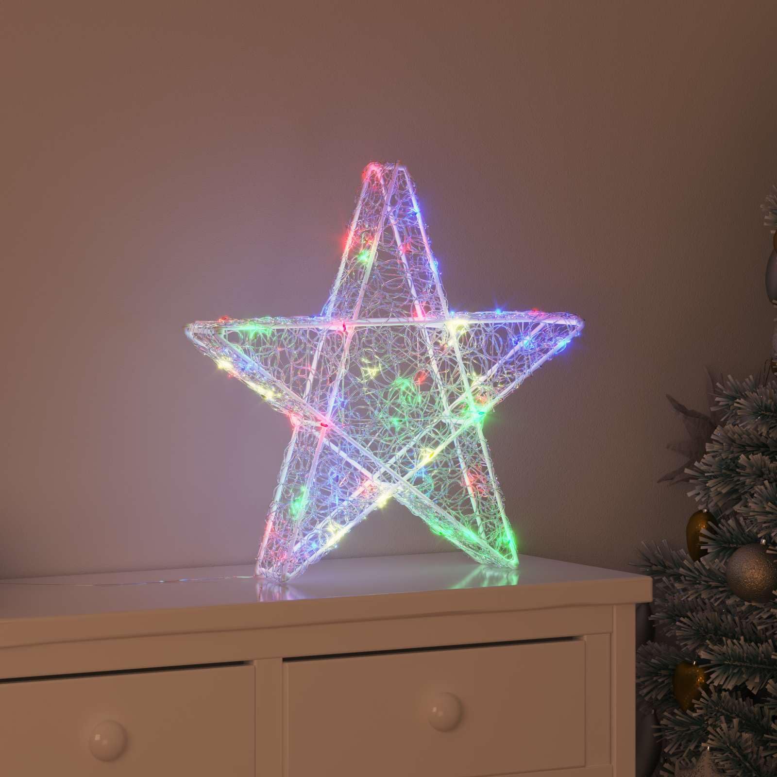 3D Stern mit 50 LEDs Mehrfarbig Acryl Weihnachtsbaumschmuck 55 x 53,5 x 10 cm dekoratives Ornament für Wohnzimmer und Advent mit USB Stromversorgung und Fernbedienung