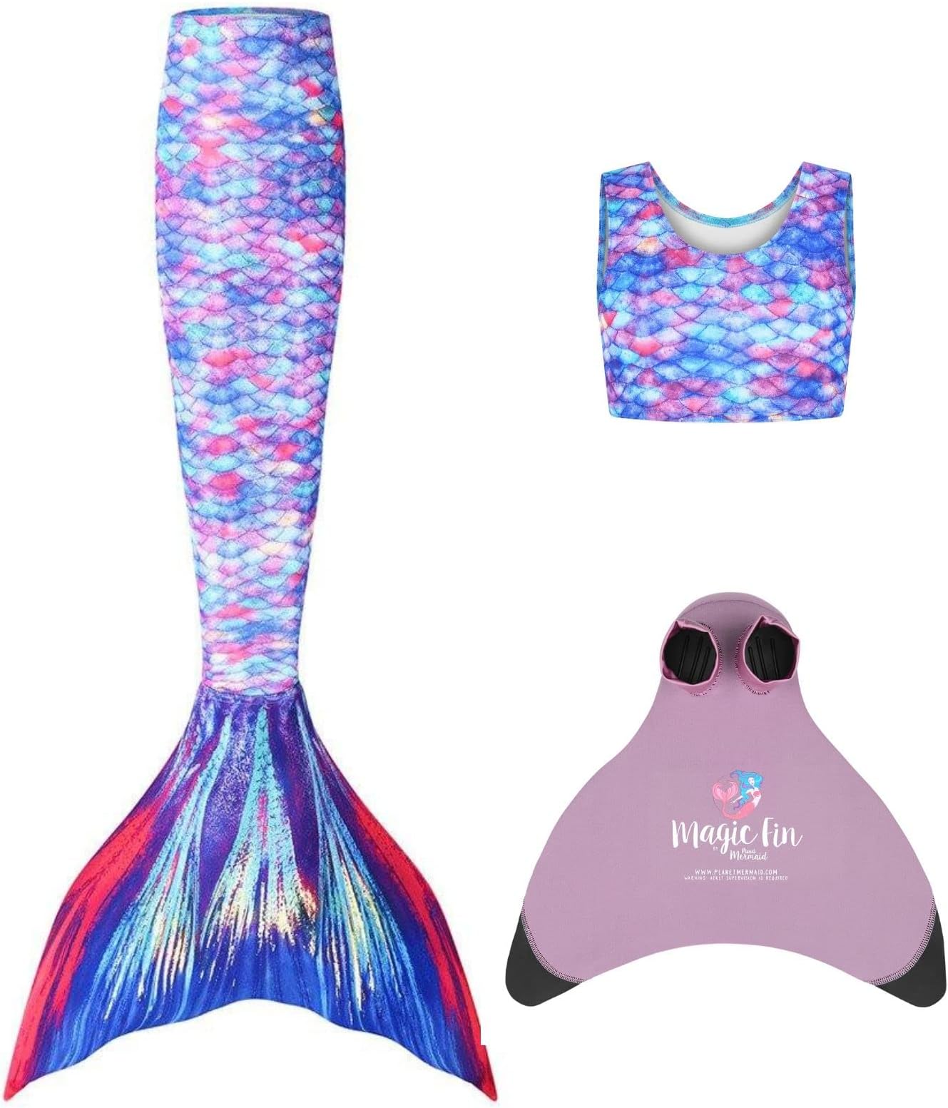 Planet Mermaid Girls Kids 3 Piece Vivid Colour Swimming Mermaid Tail, Crop Top & Wear-Resistant Magic Fin Monofin (Included)