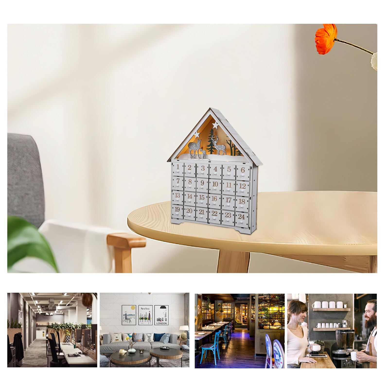 Holz Adventskalender Hausförmig mit Aufbewahrungsfächern LED Beleuchtung Rentier Weihnachtsdekoration Wiederverwendbarer Countdown Kalender für Erwachsene und Frauen Nachhaltige