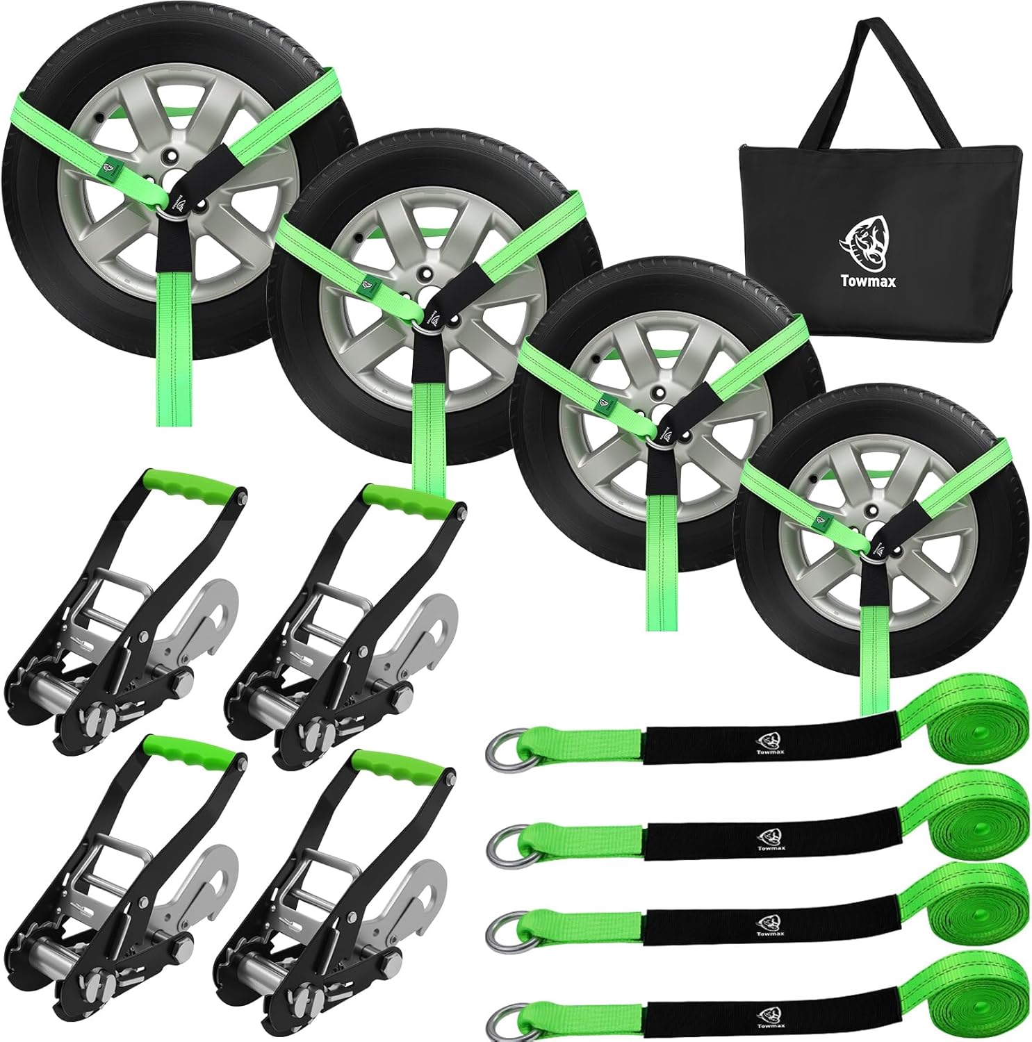 4 Pack Car Tie Down Straps for Trailers - 2" x 8' Heavy Duty Tire Straps with Snap Hooks - 10,000lbs Break Strength, Adjustable Lasso Style Wheel Straps for Hauling Cars, Truck, UTV(Green)
