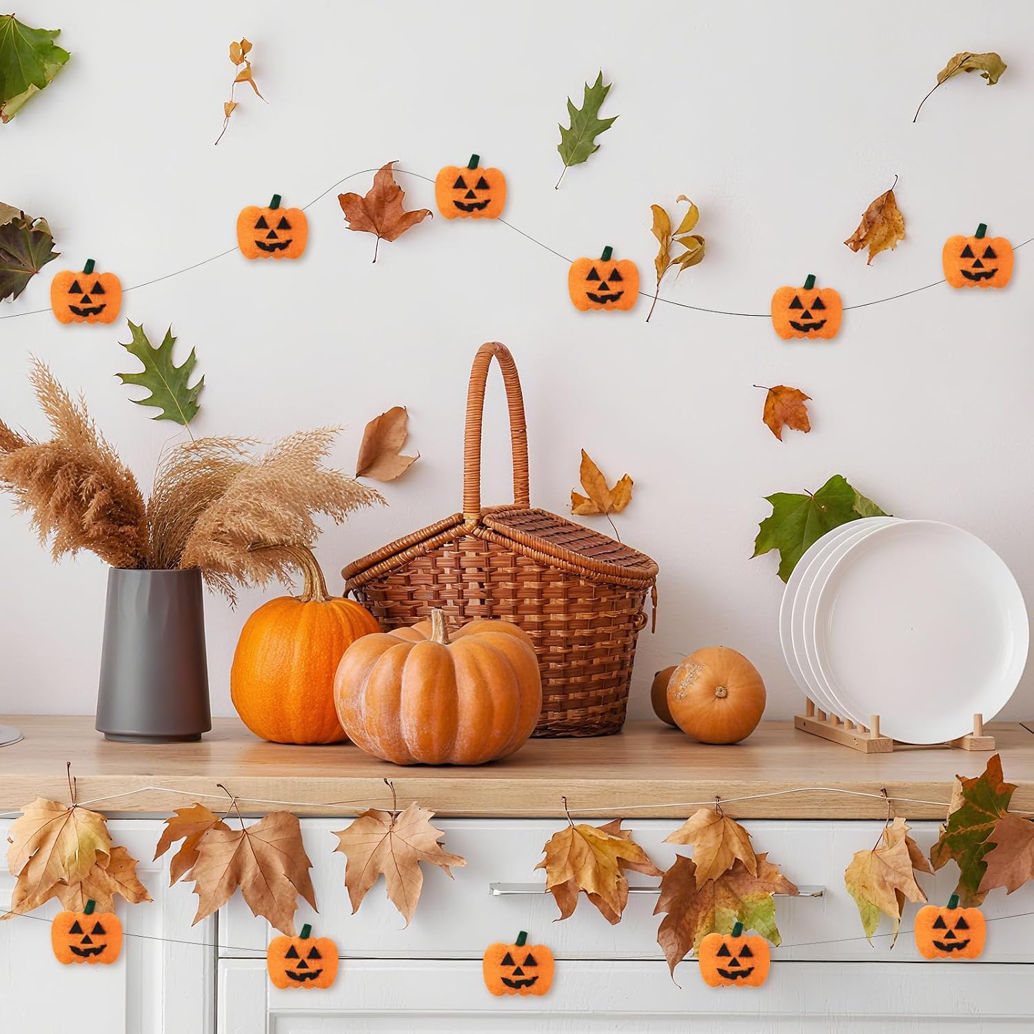 Hillsuren 24 Pcs Halloween Felt Pumpkin Wool Felt Ball Garland Spooky Decor