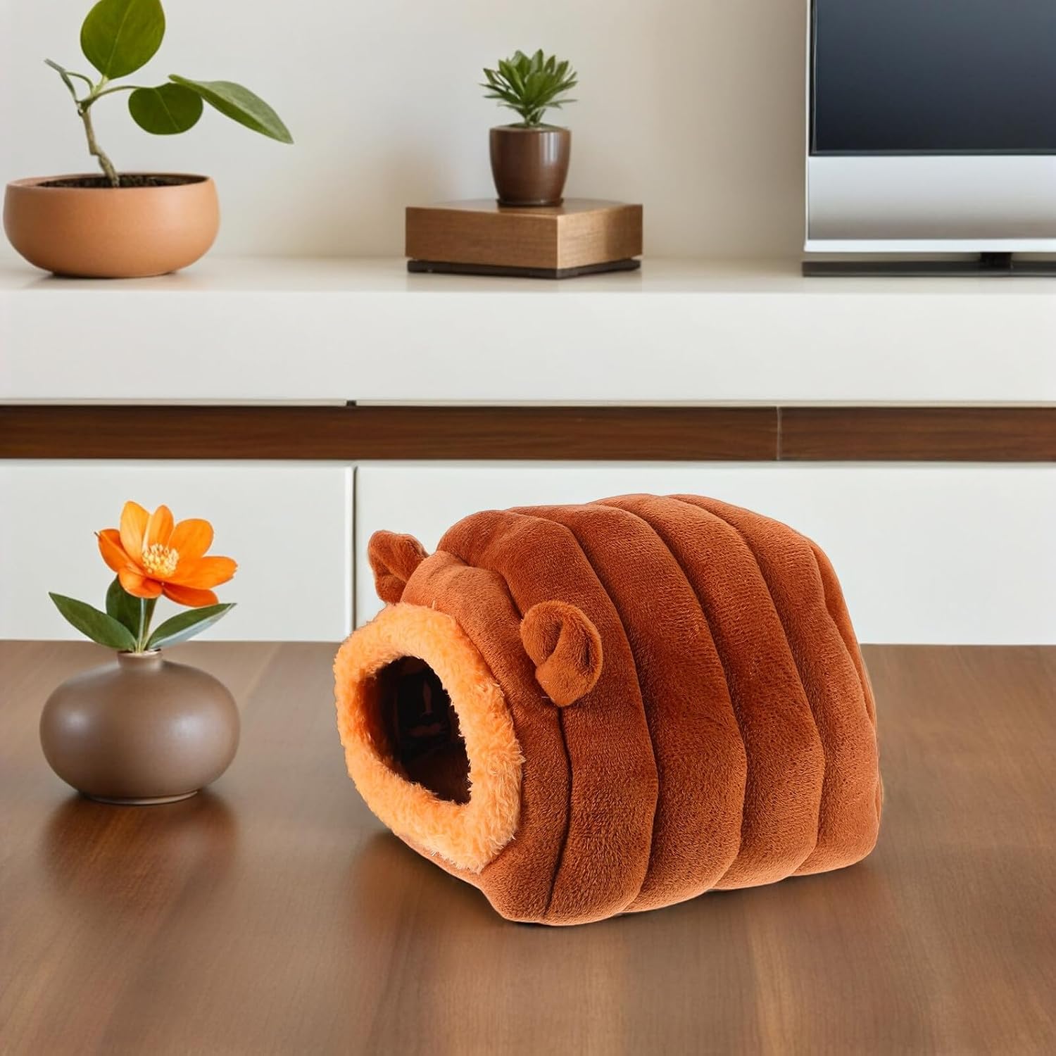 TEHAUX Small Pet Warm Bed House for Hamsters and Hedgehogs with Brown Plush Caterpillar Cover, Cozy Hideout Nest for Sleeping and Hiding in Small Animal Cages