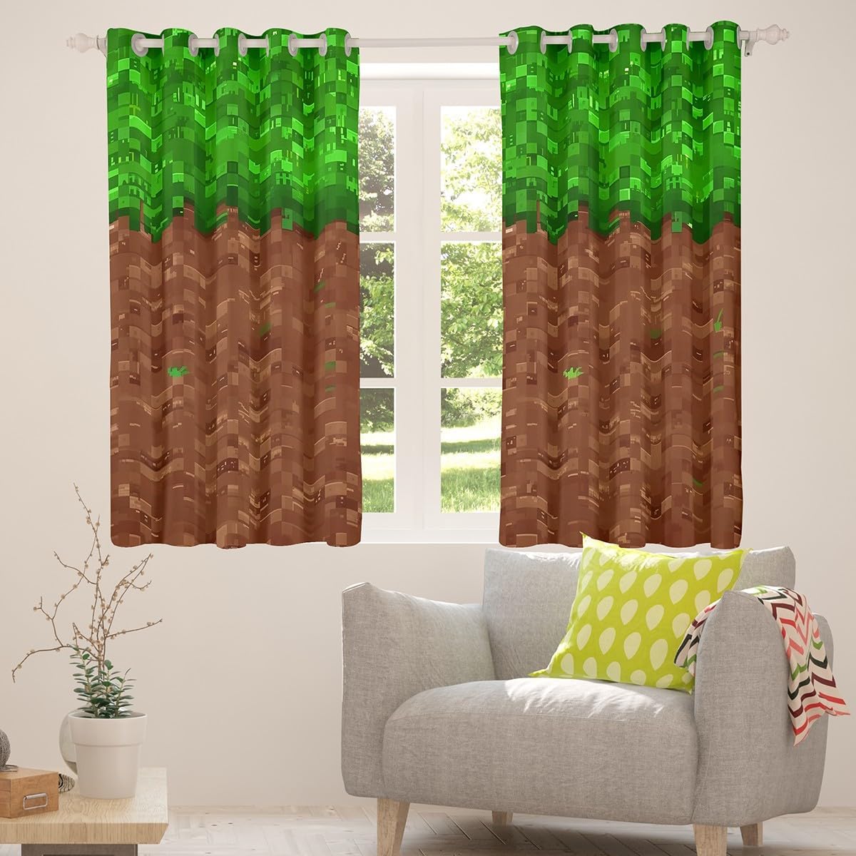 jejeloiu Pixel Curtain (2 Panels, 42 x 84 Inch) Kids Video Game Themed Blackout Shades Green Brown Room Darkening Curtain Window Treatments,Microfiber