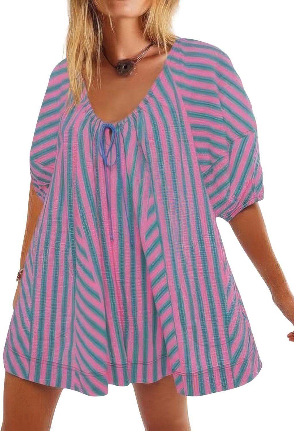 ebossy Womens Summer Casual Striped Rompers Puff Sleeve Wide Leg Shorts Jumpsuit Loose Fit Vacation Outfits