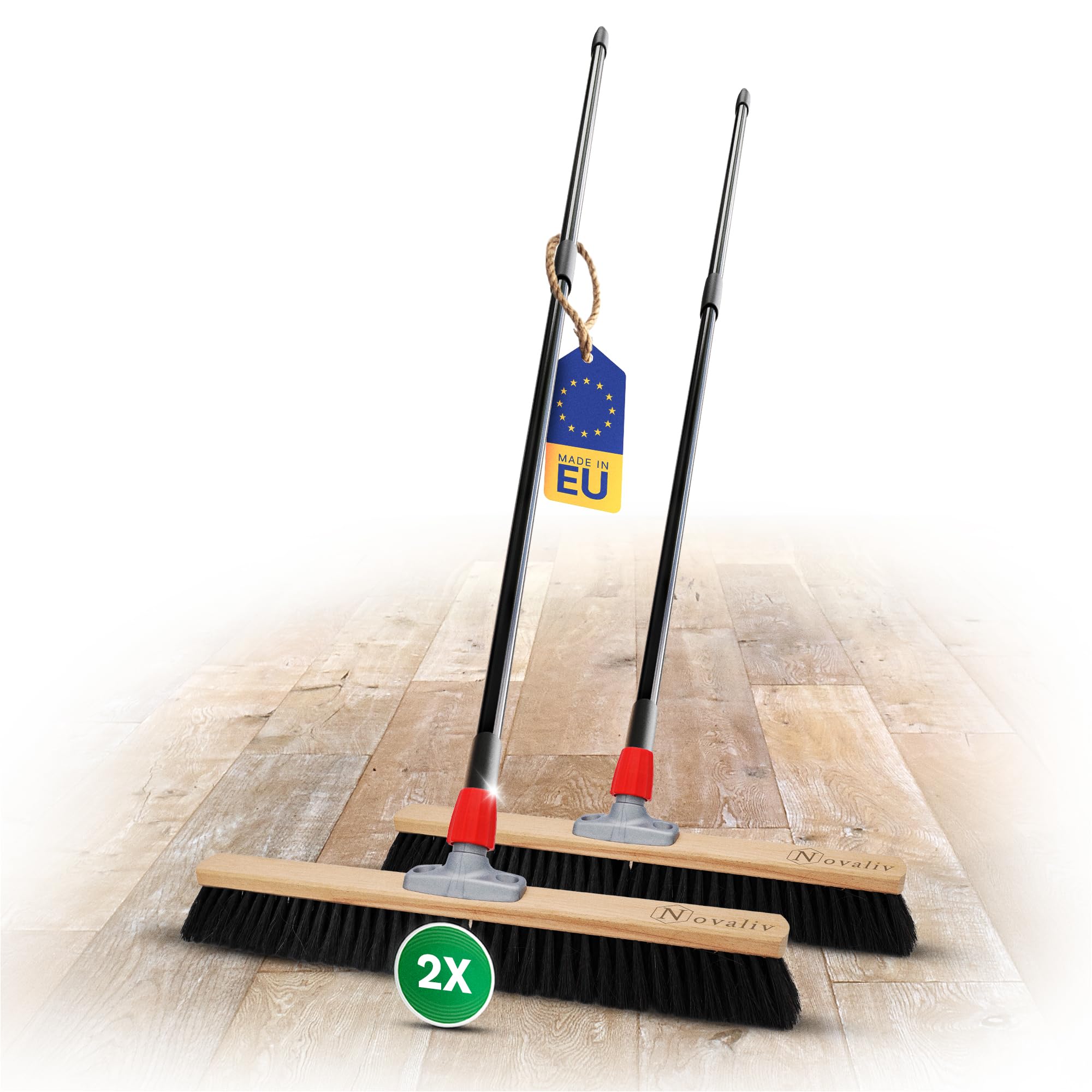 Novaliv Grosser Besen 2X Saalbesen 60 cm mit Teleskopstiel Borsten Kunstborsten Besen fein Werkstattbesen mit Stiel Hallenbesen Industriebesen Hausbesen Kehrbesen Zimmerbesen Haarbesen Besen Groß
