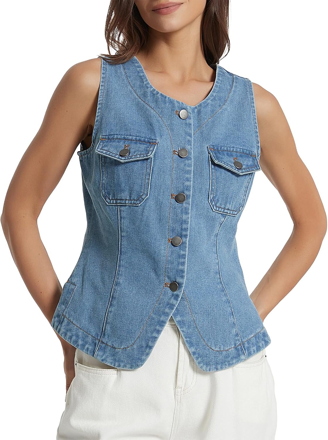 Kedera Denim Vest for Women Sleeveless Jean Vest Top Button Down Crewneck Casual Summer Western Waistcoat