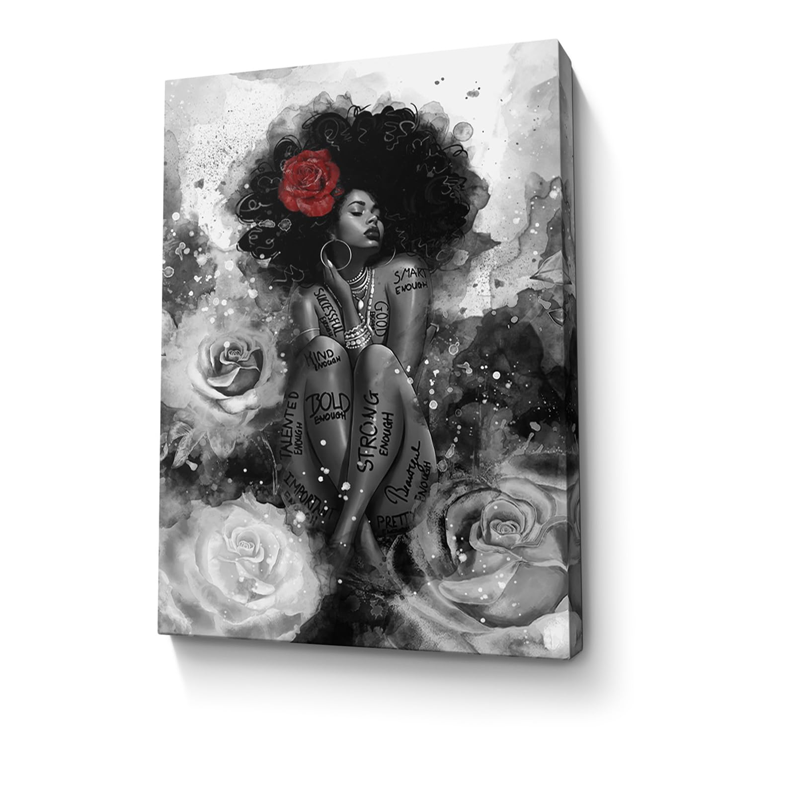 African American Canvas Wall Art Black Girl Fashion Print Abstract Black Art Picture Women Rose Wall Decor Painting Framed Modern Artwork for Bedroom