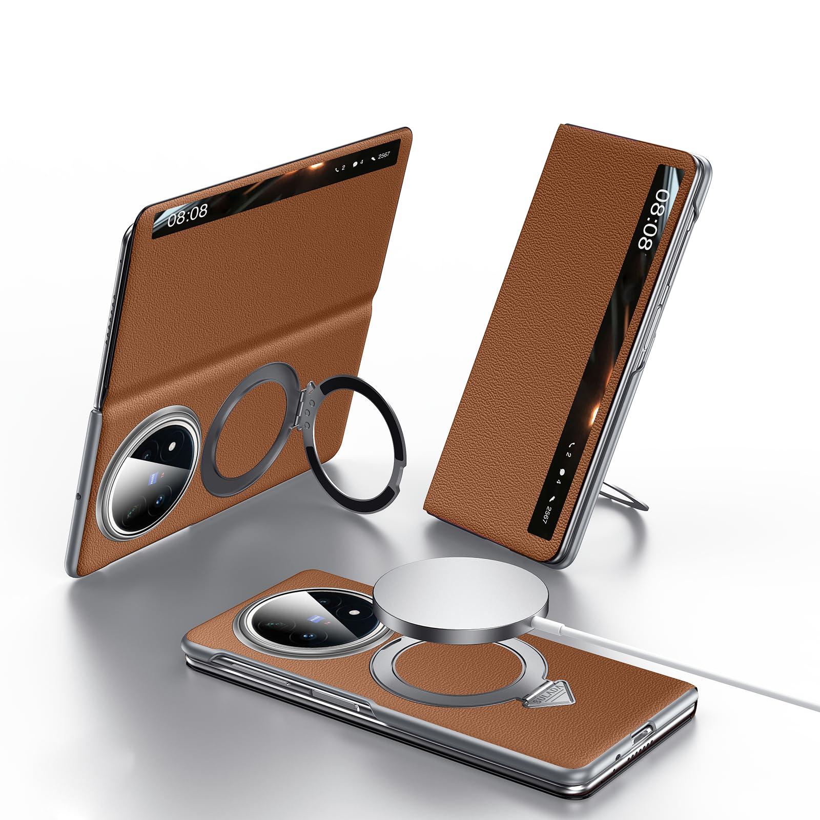 Kompatybilne z Vivo X Fold 5 etui Smart Clear View Case [kompatybilne z Mag-Safe] [z regulowanym stojakiem pierścieniowym] smukłe etui z klapką z prawdziwej skóry, ochronne, odporne na wstrząsy, dla