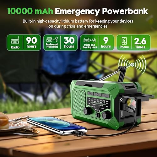 Miniatura 3 de Radio meteorológica con manivela de emergencia, radio solar de 10000 mAh AMFMNOAA con cargador de teléfono, carga USB, lámpara de lectura LED para