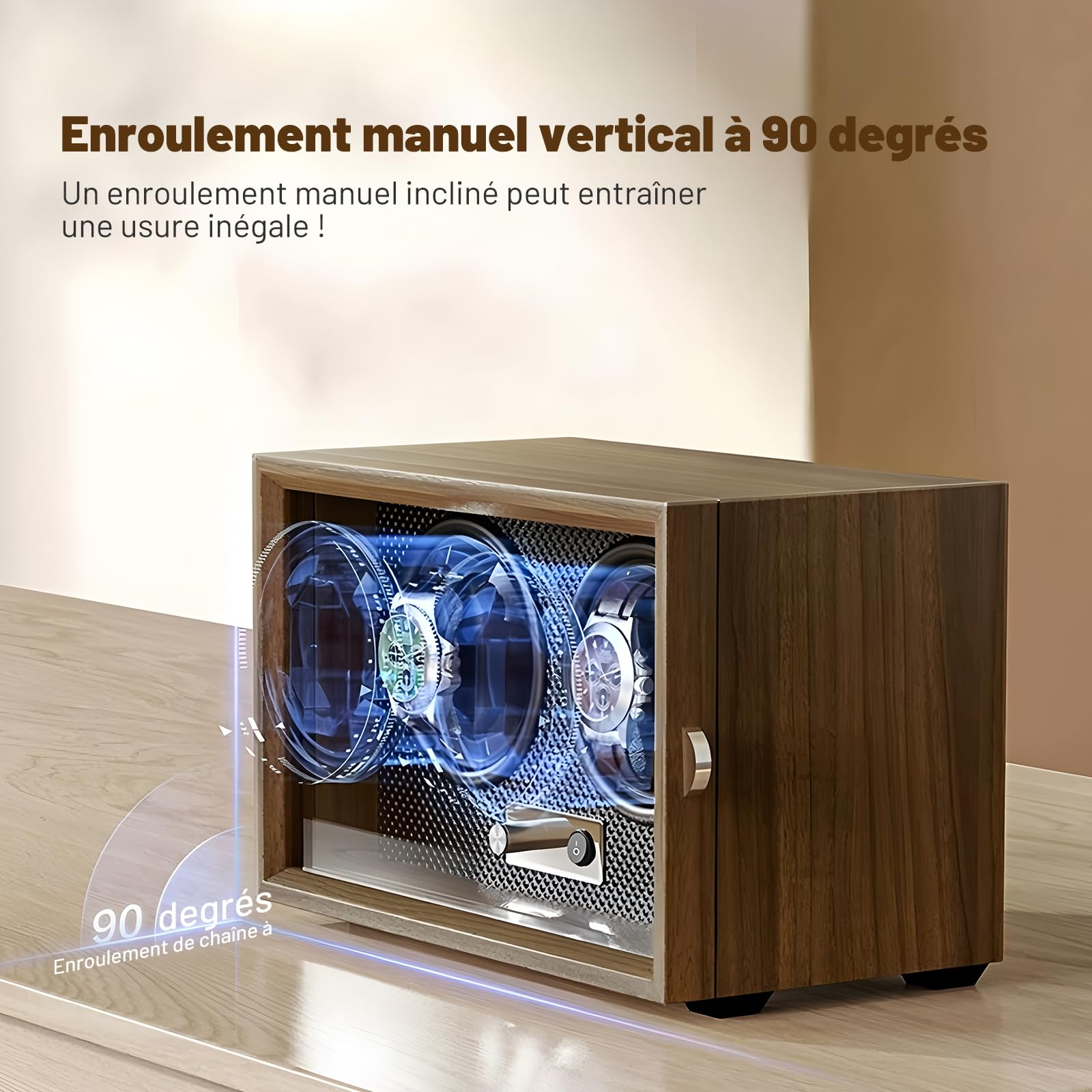 Remontoir pour 2 montres, bois de noyer noir, 4 modes de rotation avec éclairage LED, ultra silencieux