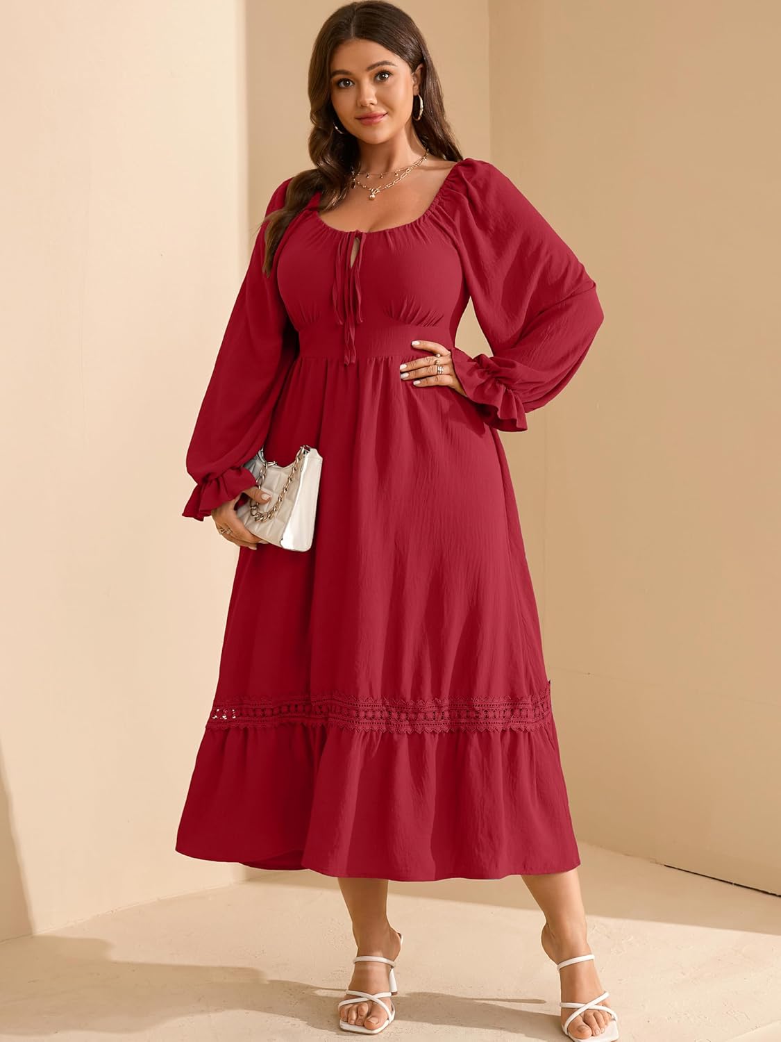 RWJ Women's Plus Size Fall Dresses Long Sleeve Square Neck Flowy Lace Trim Flutter Wedding Guest Party Casual Dress - Image 7