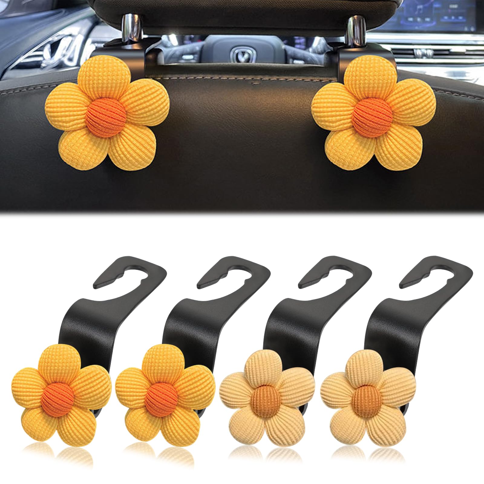 Lzydkh Yellow 4Pcs Car Seat Headrest Hook, Flower Car Seat Organizer Hooks Universal Back Storage Hooks Auto Hanger Storage Car Accessories For Hang Bags Purses Handbags Grocery
